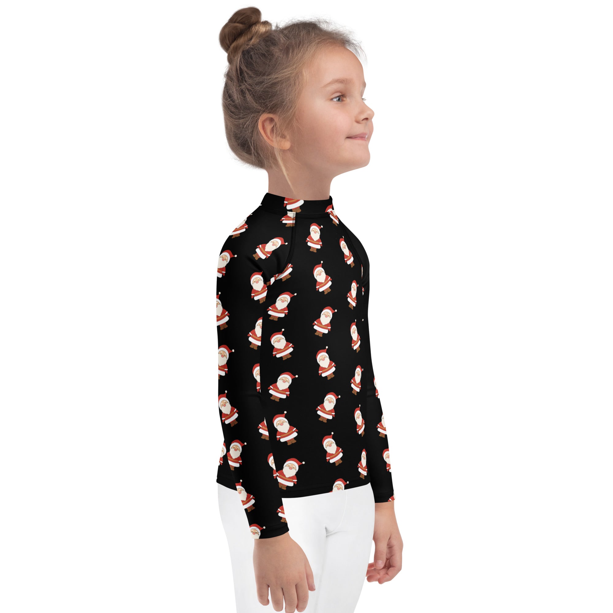 Kids santa claus christmas long sleeve rash guard swim shirt in black with red and white cartoon santa pattern upf 50+