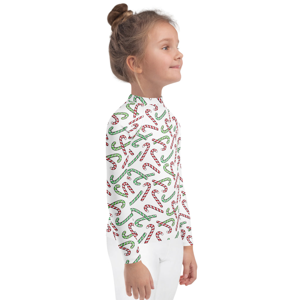 Kids Red & Green Candy Cane Christmas Long Sleeve Rash Guard Swim Shirt With UPF 50+