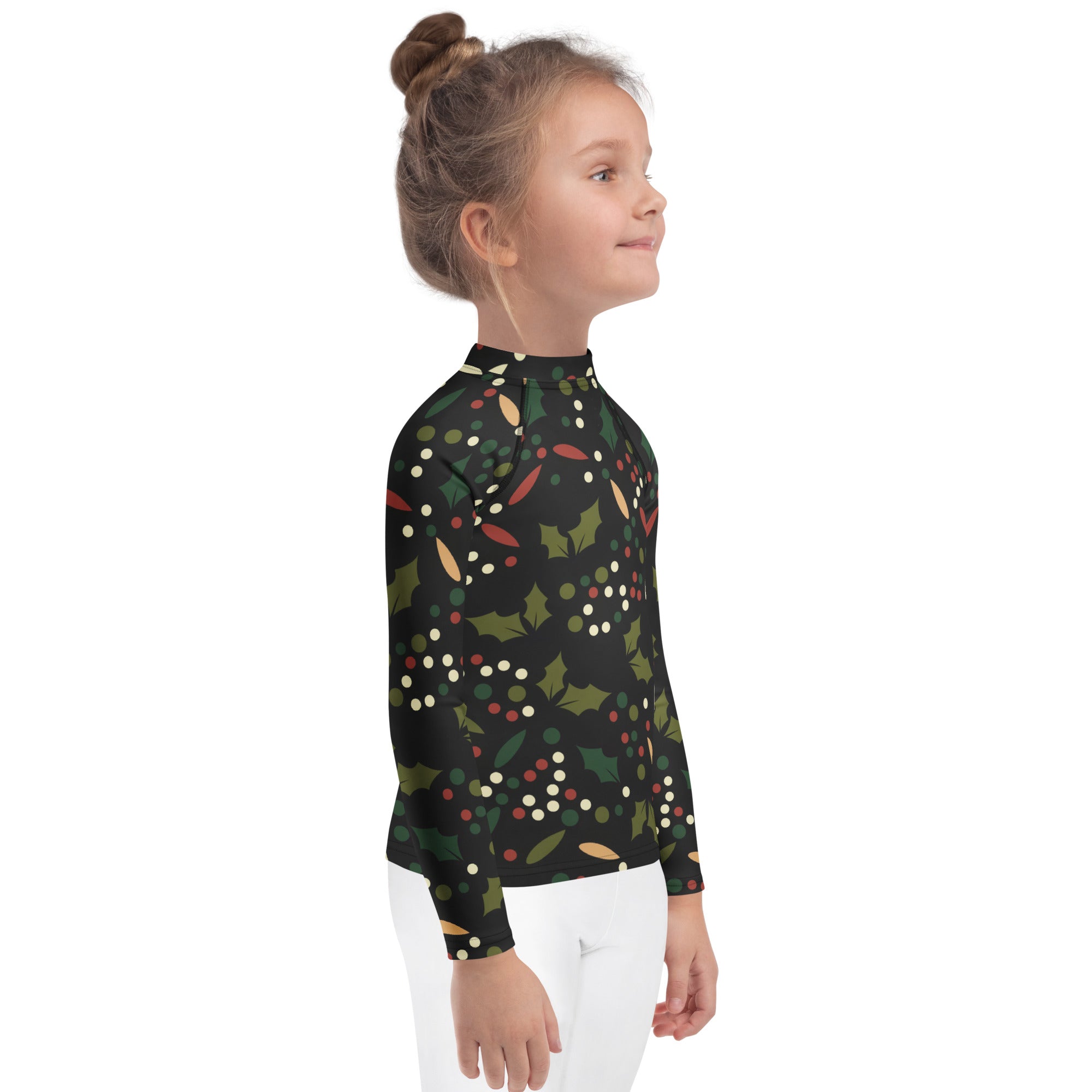 Kids holly christmas long sleeve rash guard swim shirt black with festive green holly leaves red berries and upf 50+