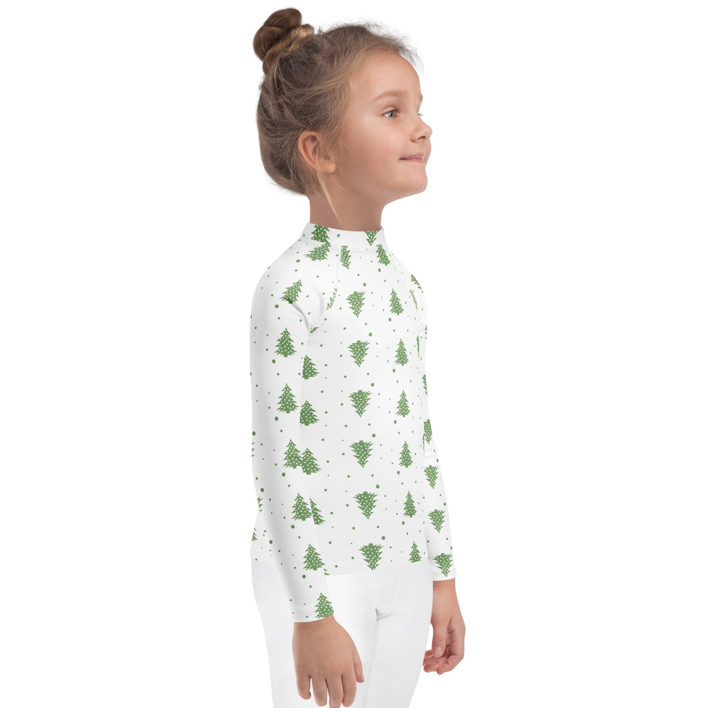 White kids long sleeve rash guard swim shirt with green pine tree dot pattern and upf 50 plus protection