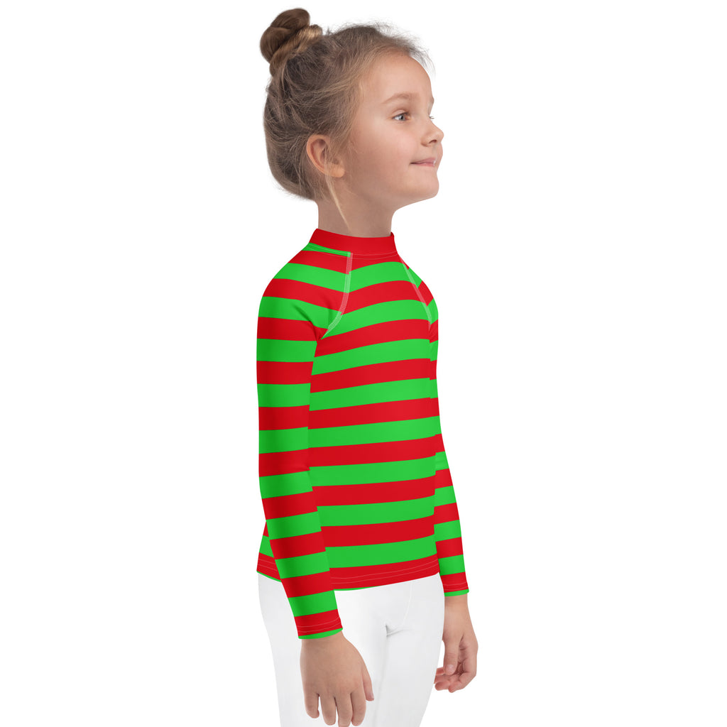 A kids long-sleeve high-neck rash guard swim shirt with bold red and green horizontal stripes and UPF 50 plus protection