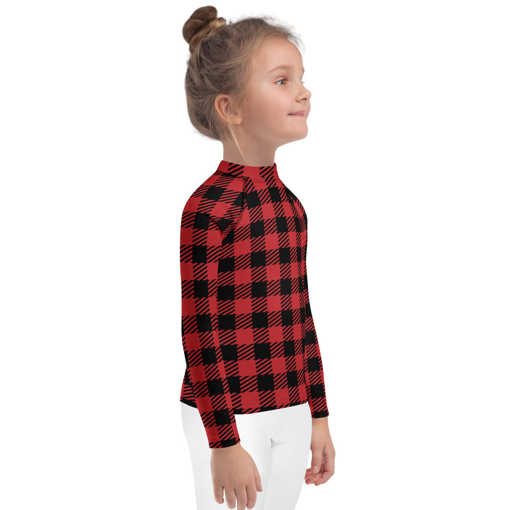 Kids red and black plaid long sleeve rash guard swim shirt with UPF 50 plus for Christmas swim protection