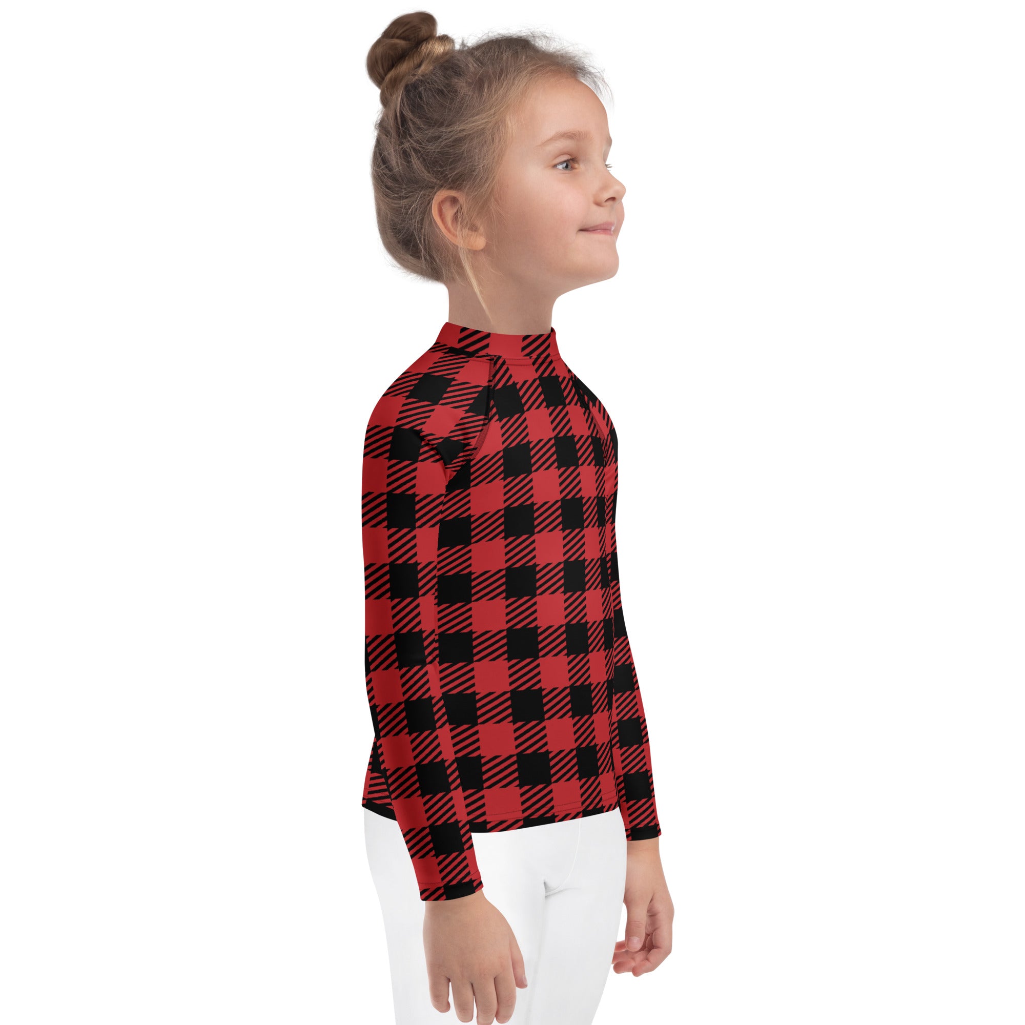 Kids red and black plaid long sleeve rash guard swim shirt with UPF 50 plus for Christmas swim protection