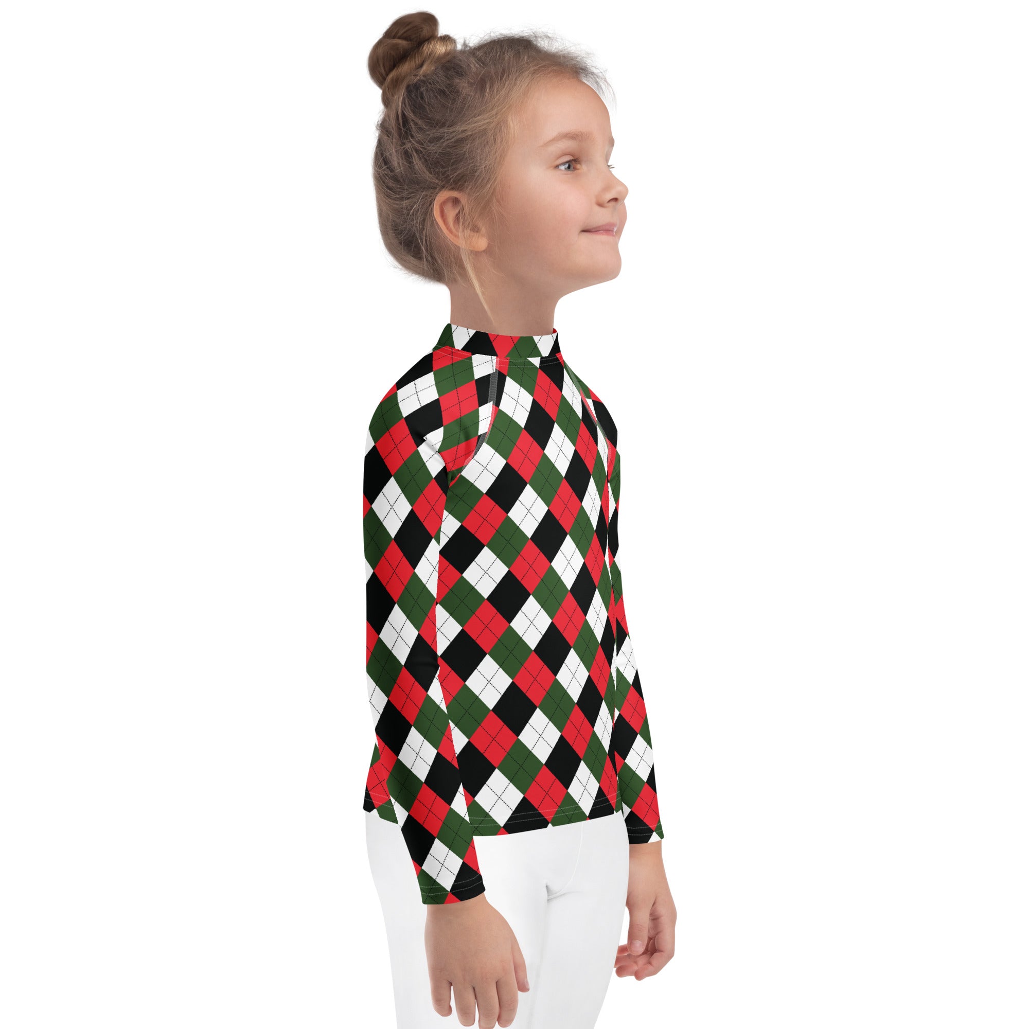A kids christmas argyle long sleeve rash guard swim shirt with upf 50 plus in red green black and white pattern
