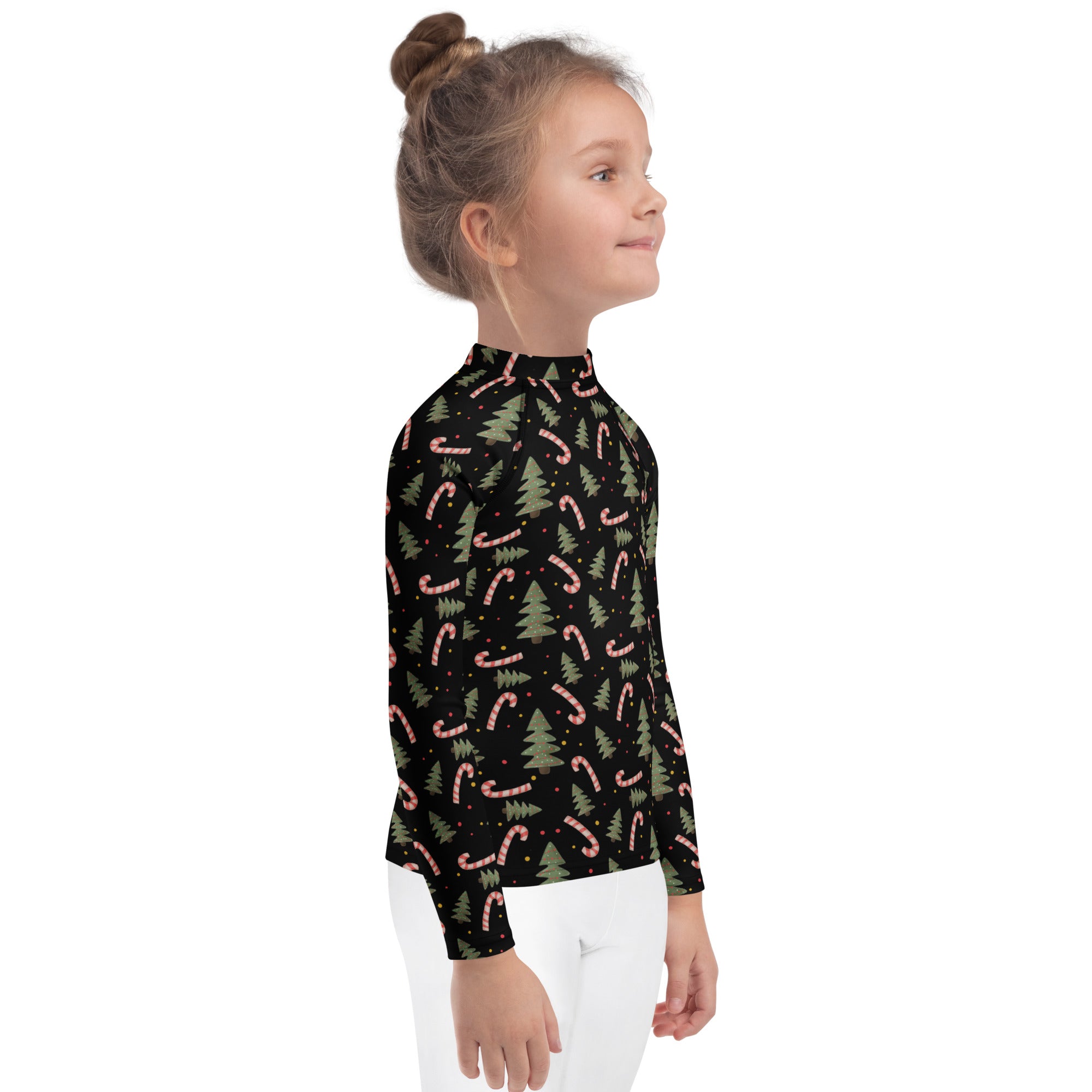 Kids candy cane and christmas tree long sleeve black rash guard swim shirt with UPF 50 plus protection and festive pattern