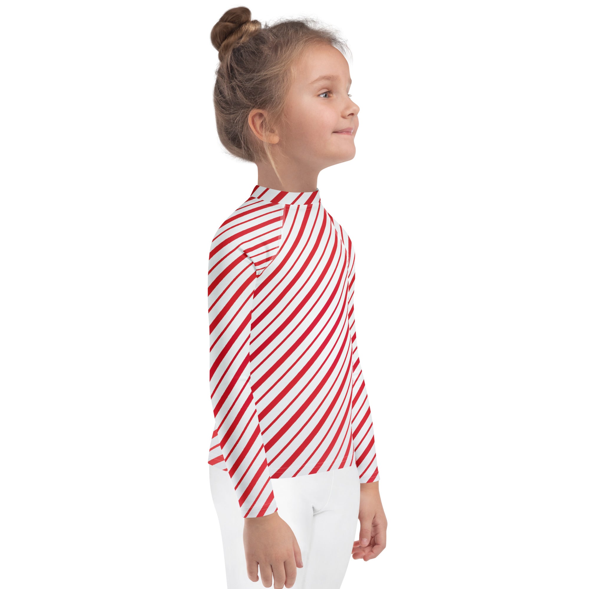 Kids red and white candy cane striped long sleeve rash guard swim shirt with upf 50 plus featuring bold diagonal stripes
