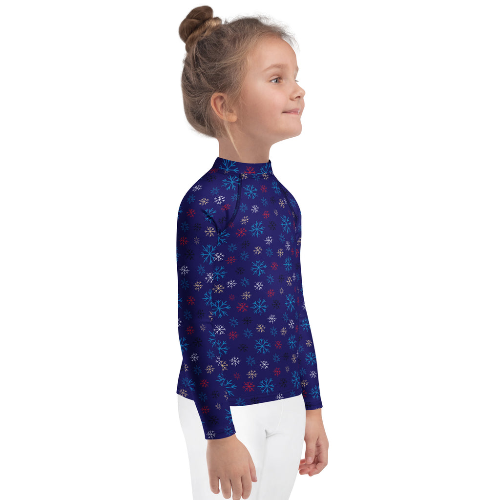 Kids navy long sleeve rash guard swim shirt with multicolored snowflakes and upf 50 plus for sun protection