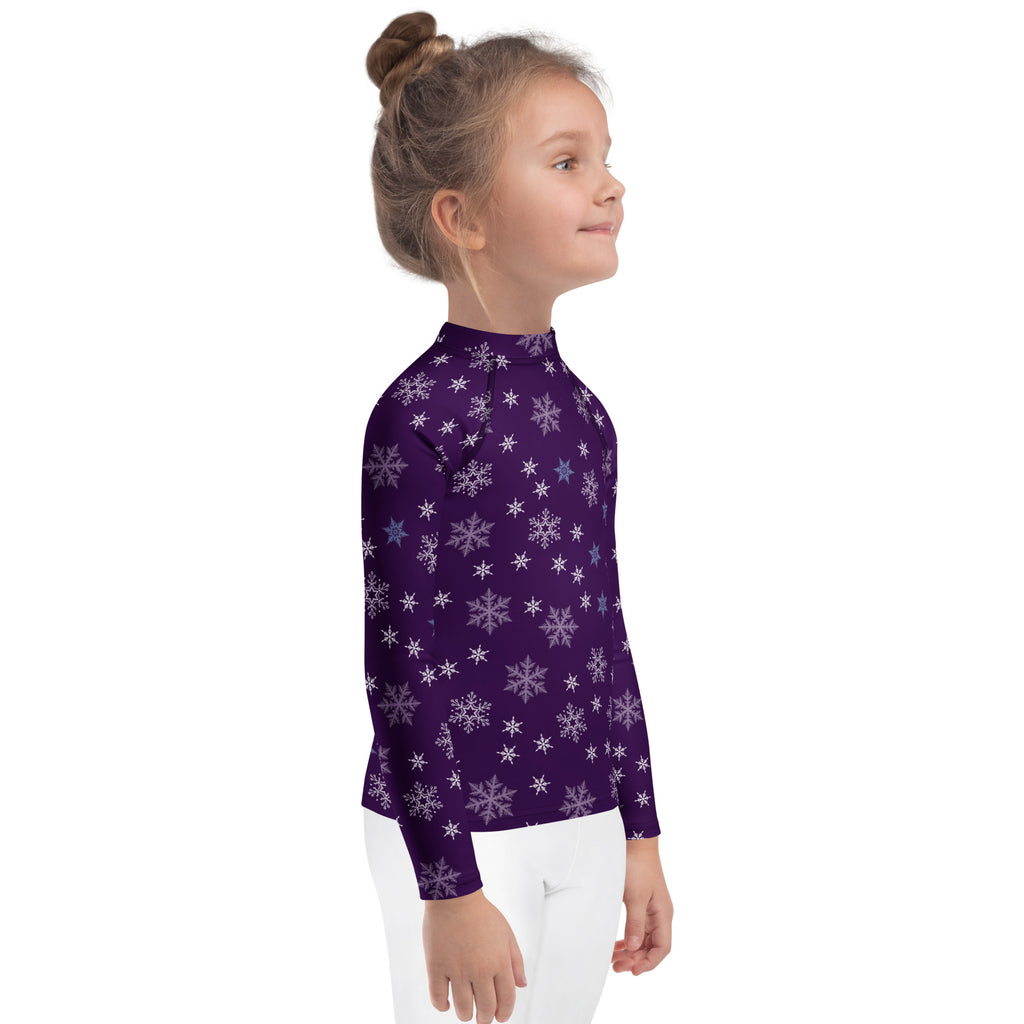 Kids purple snowflake long sleeve rash guard swim shirt with upf 50 plus featuring white and light blue snowflakes