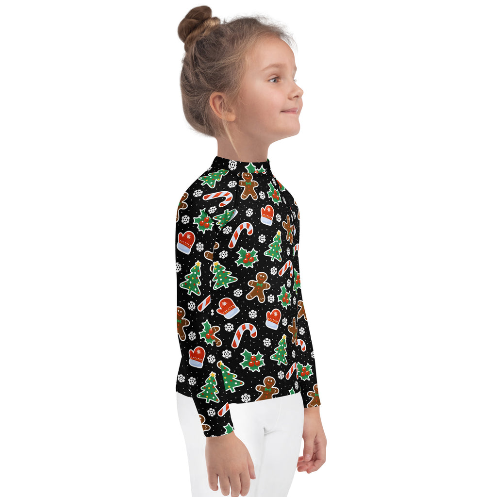 Kids black long sleeve rash guard swim shirt with christmas cookie and candy cane print and UPF 50 plus protection