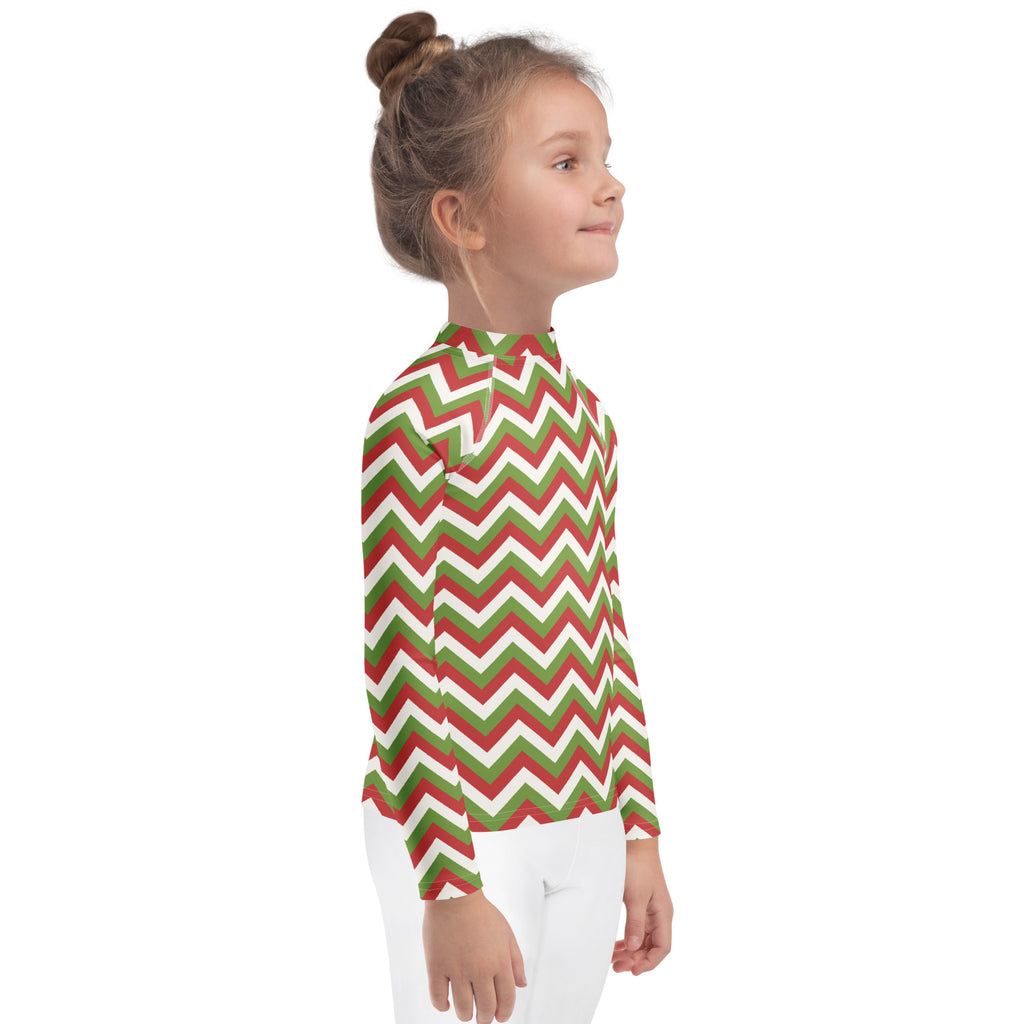 Kids red and green chevron christmas long sleeve rash guard swim shirt with upf 50 plus and vibrant zigzag pattern