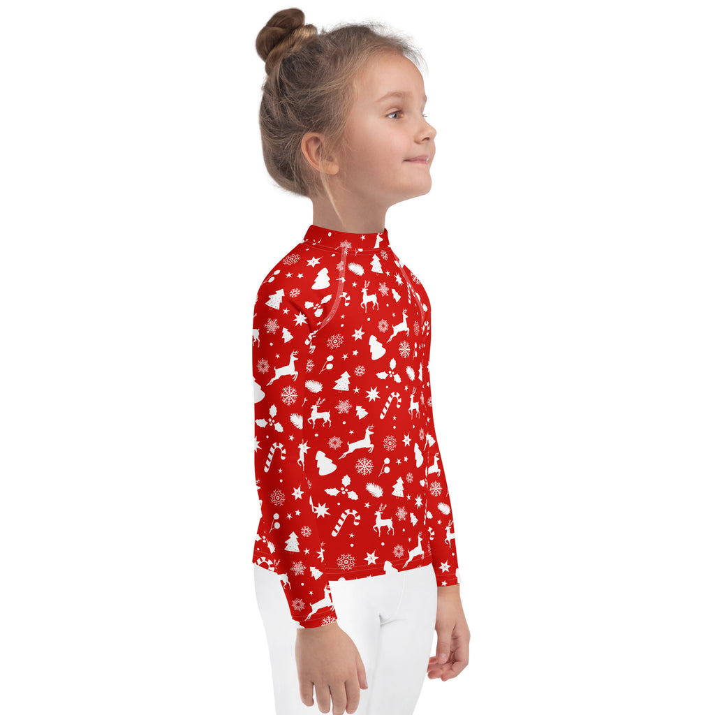 Kids red christmas long sleeve rash guard swim shirt with upf 50 plus and white christmas patterns
