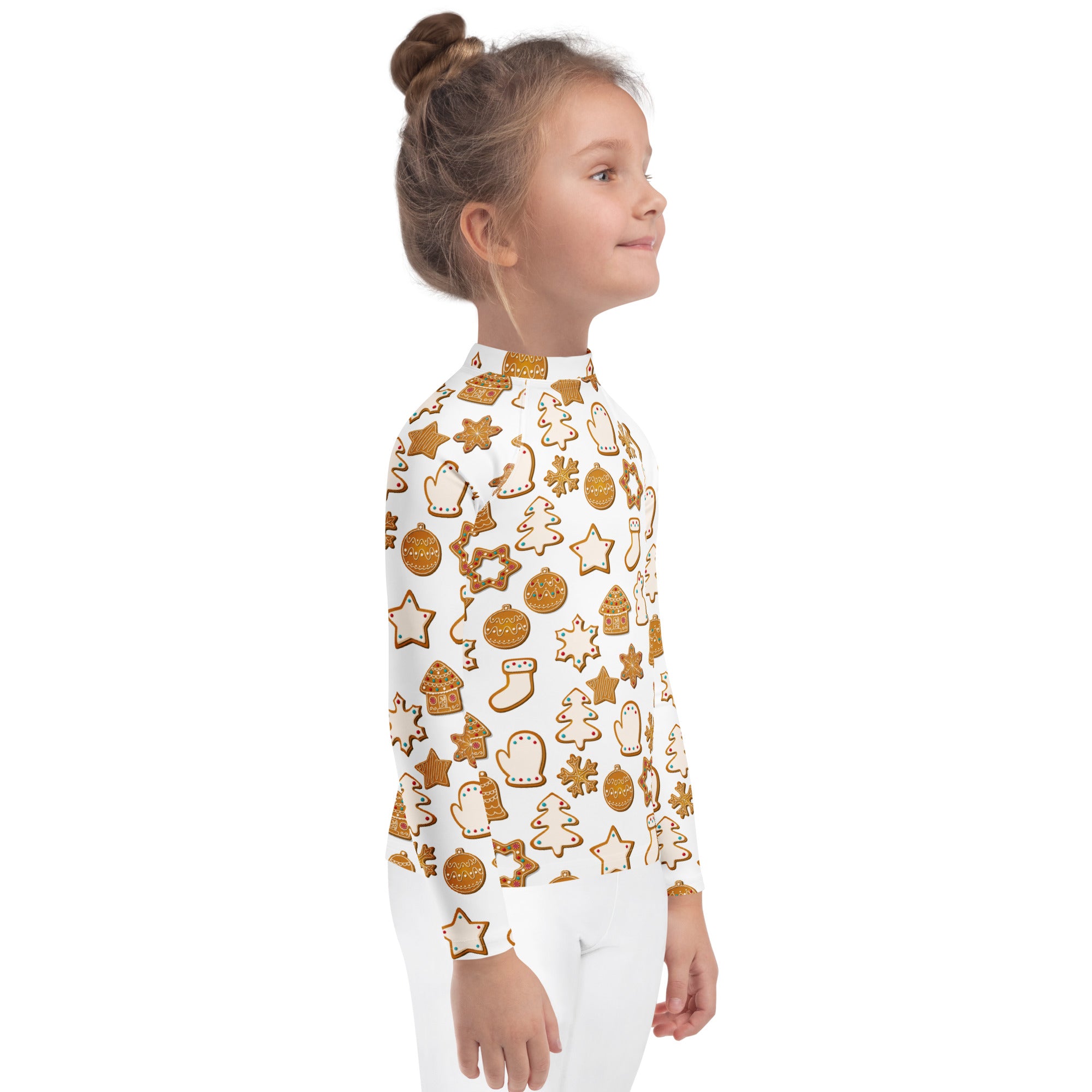 White kids christmas gingerbread cookie long sleeve rash guard swim shirt with festive gold pattern and upf 50+ protection