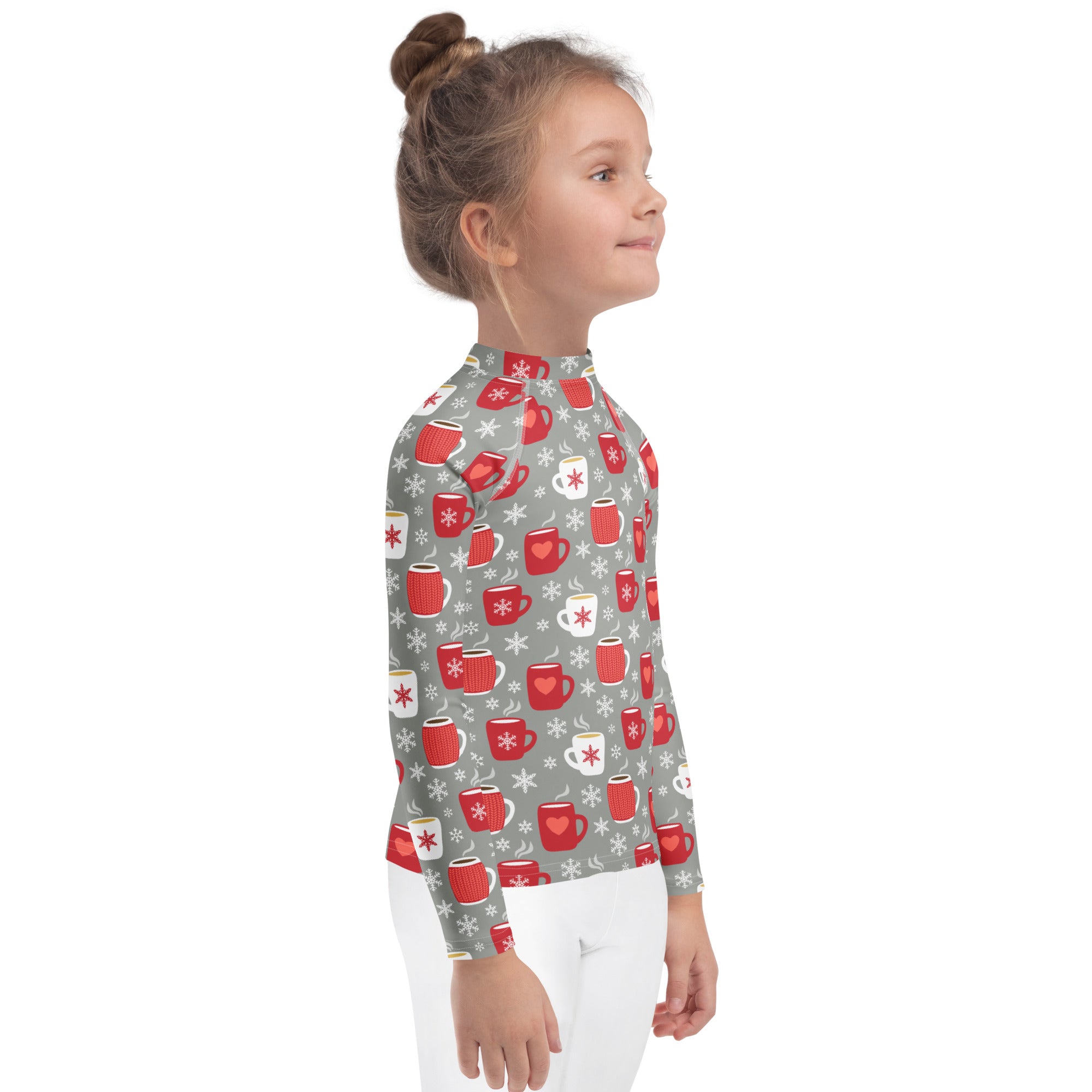 A kids gray long sleeve rash guard swim shirt with red and white mug festive pattern and upf 50 plus protection