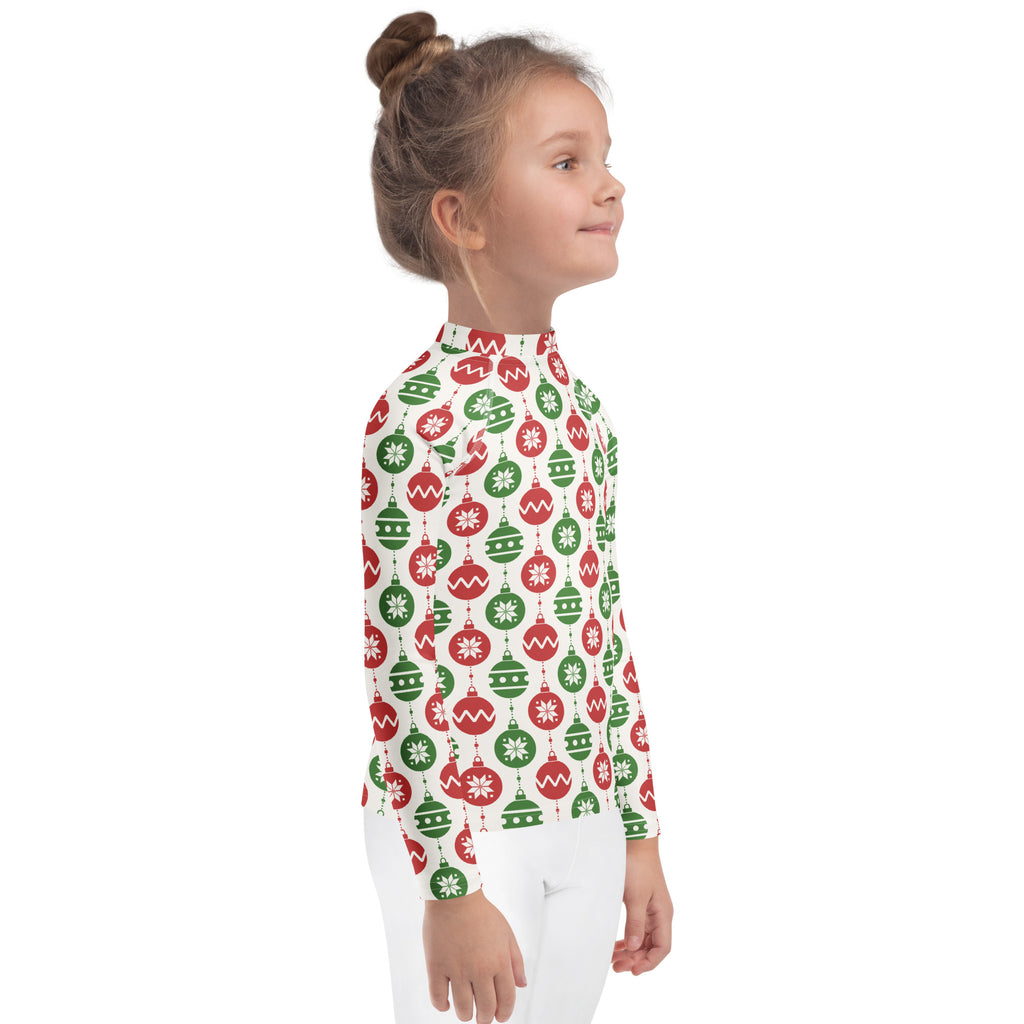 Kids red and green christmas ornament long sleeve rash guard swim shirt with upf 50 plus featuring festive pattern