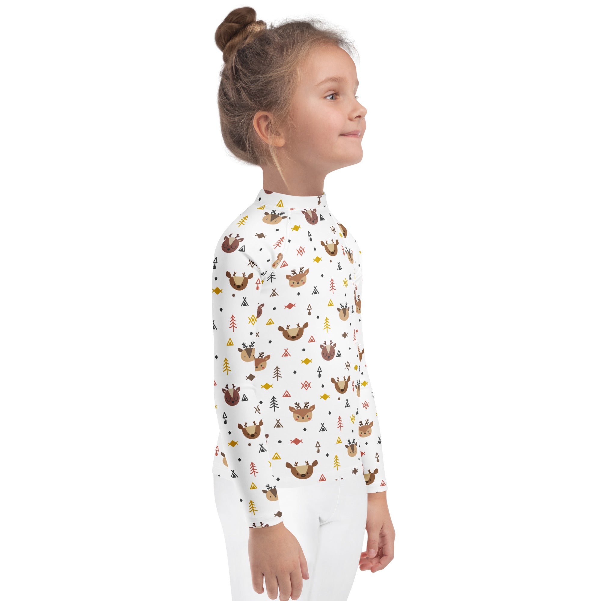 White kids long sleeve rash guard swim shirt with playful deer and tree pattern and upf 50 plus sun protection