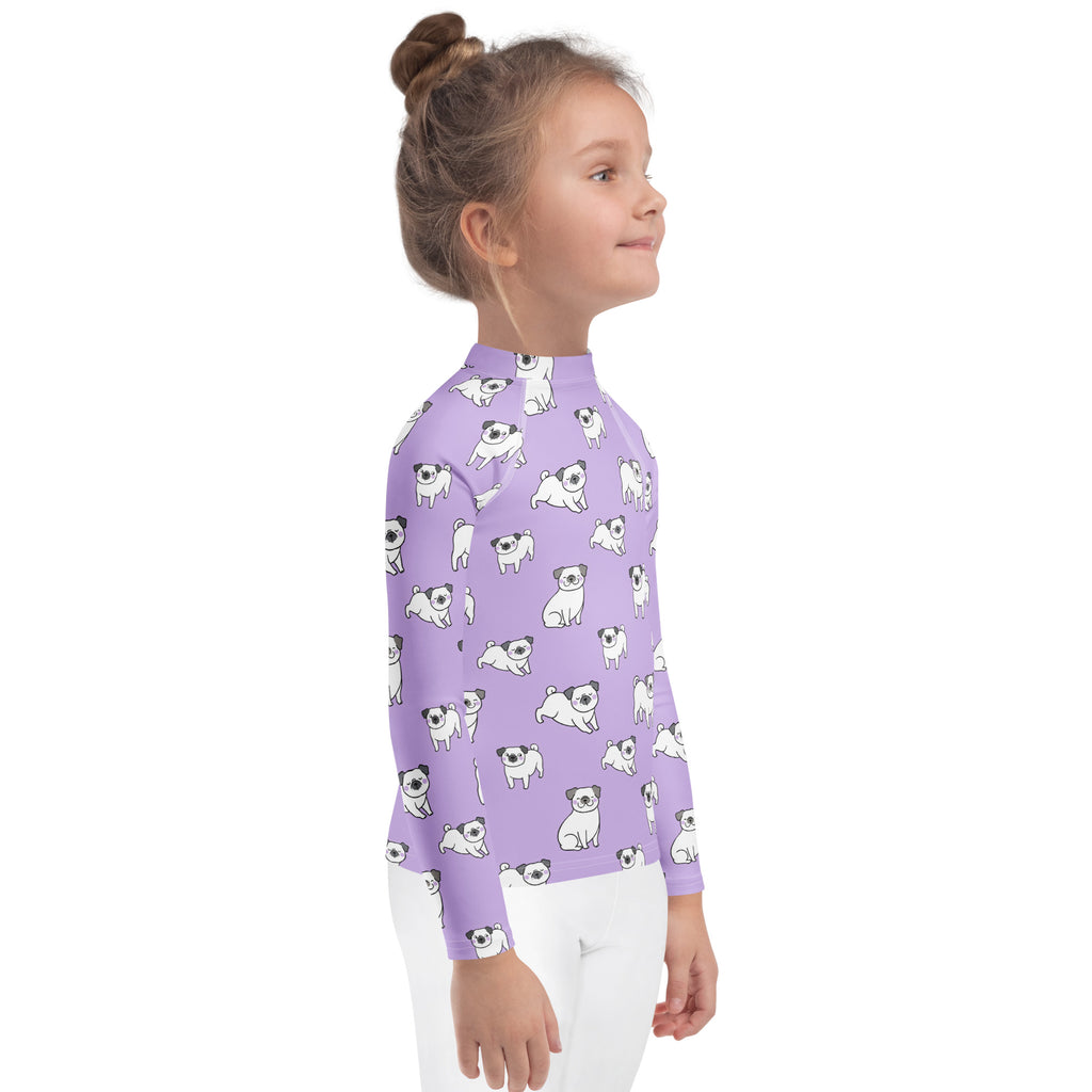 Girls Purple Pug Long Sleeve Rash Guard Swim Shirt – Buttery Soft, Sun Safe UPF 50+ Protection, Quick Dry & 4-Way Stretch Comfort