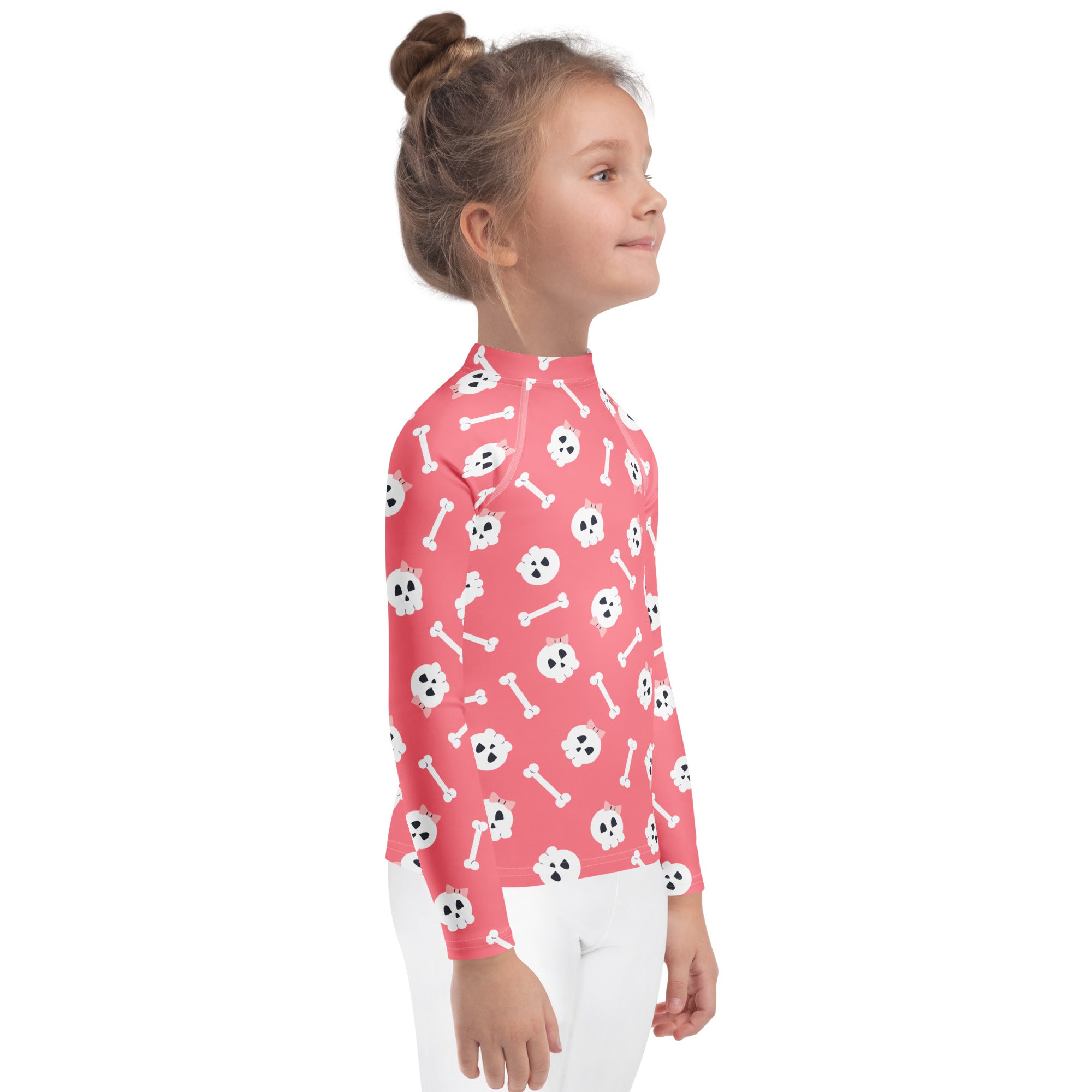 Girls Pink Skulls Halloween Long Sleeve Rash Guard Swim Shirt – Buttery Soft, Sun Safe UPF 50+ Protection, Quick Dry & 4-Way Stretch Comfort