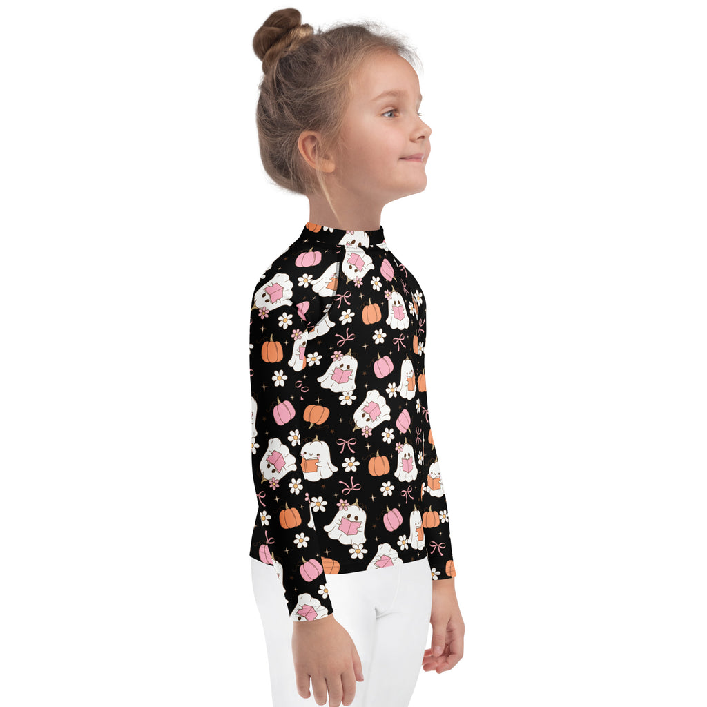Girls Cute Floral Ghosts and Pumpkins Long Sleeve Rash Guard Swim Shirt – Buttery Soft, Sun Safe UPF 50+ Protection, Quick Dry & 4-Way Stretch Comfort
