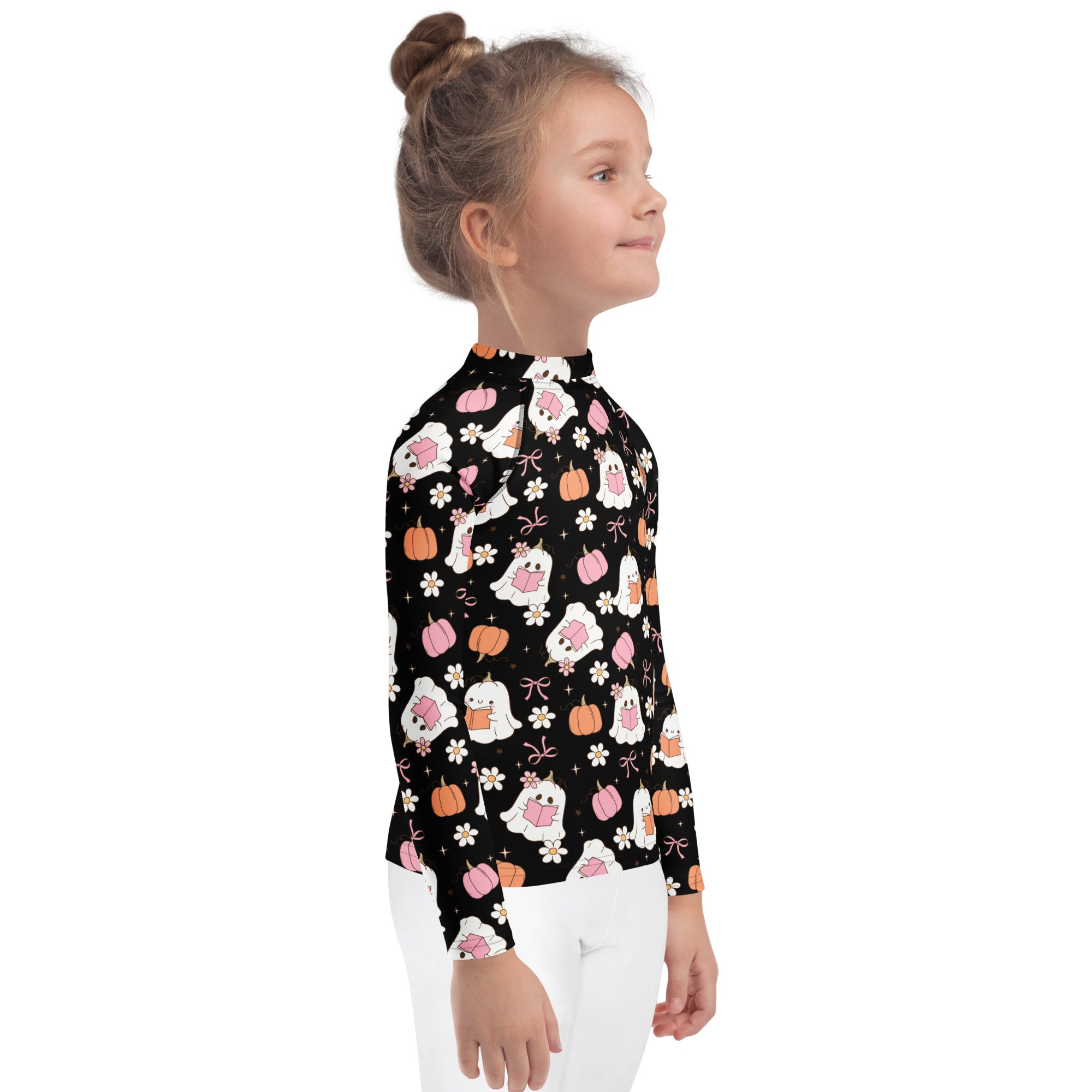 Girls Cute Floral Ghosts and Pumpkins Long Sleeve Rash Guard Swim Shirt – Buttery Soft, Sun Safe UPF 50+ Protection, Quick Dry & 4-Way Stretch Comfort