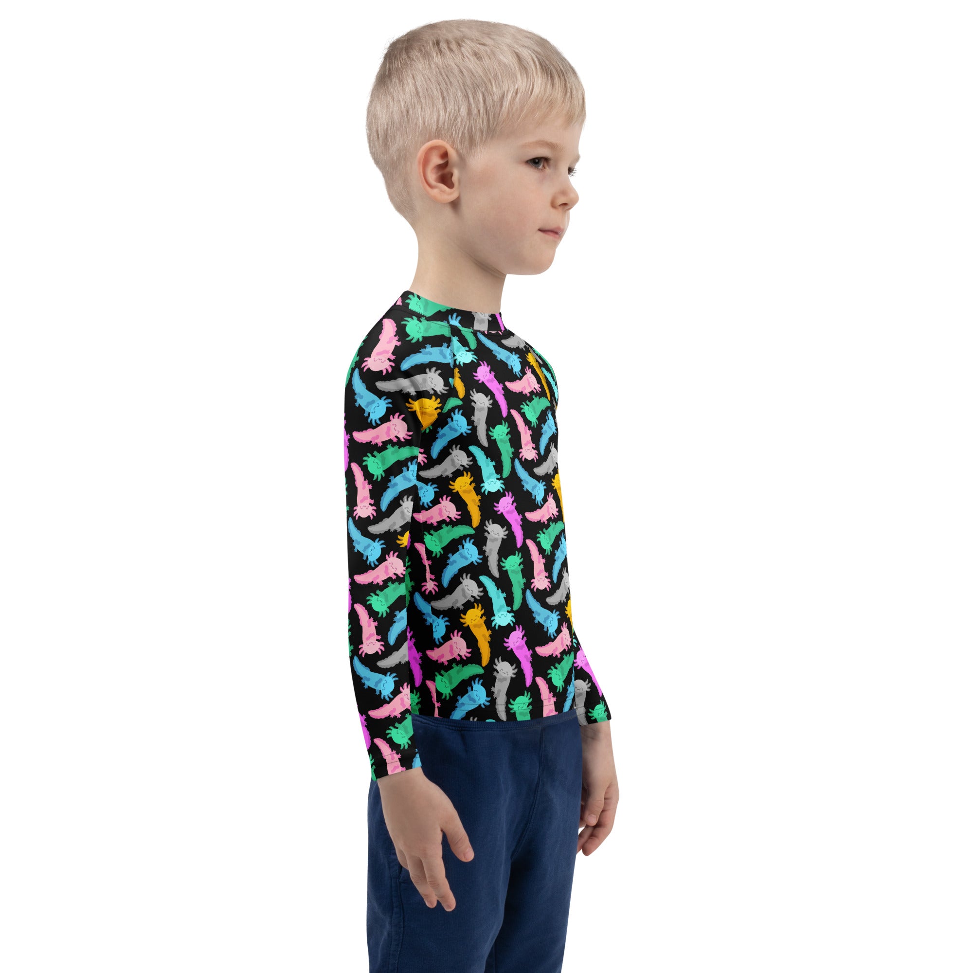 Kids Colorful Axolotl Long Sleeve Rash Guard Swim Shirt – Buttery Soft, Sun Safe UPF 50+ Protection, Quick Dry & 4-Way Stretch Comfort
