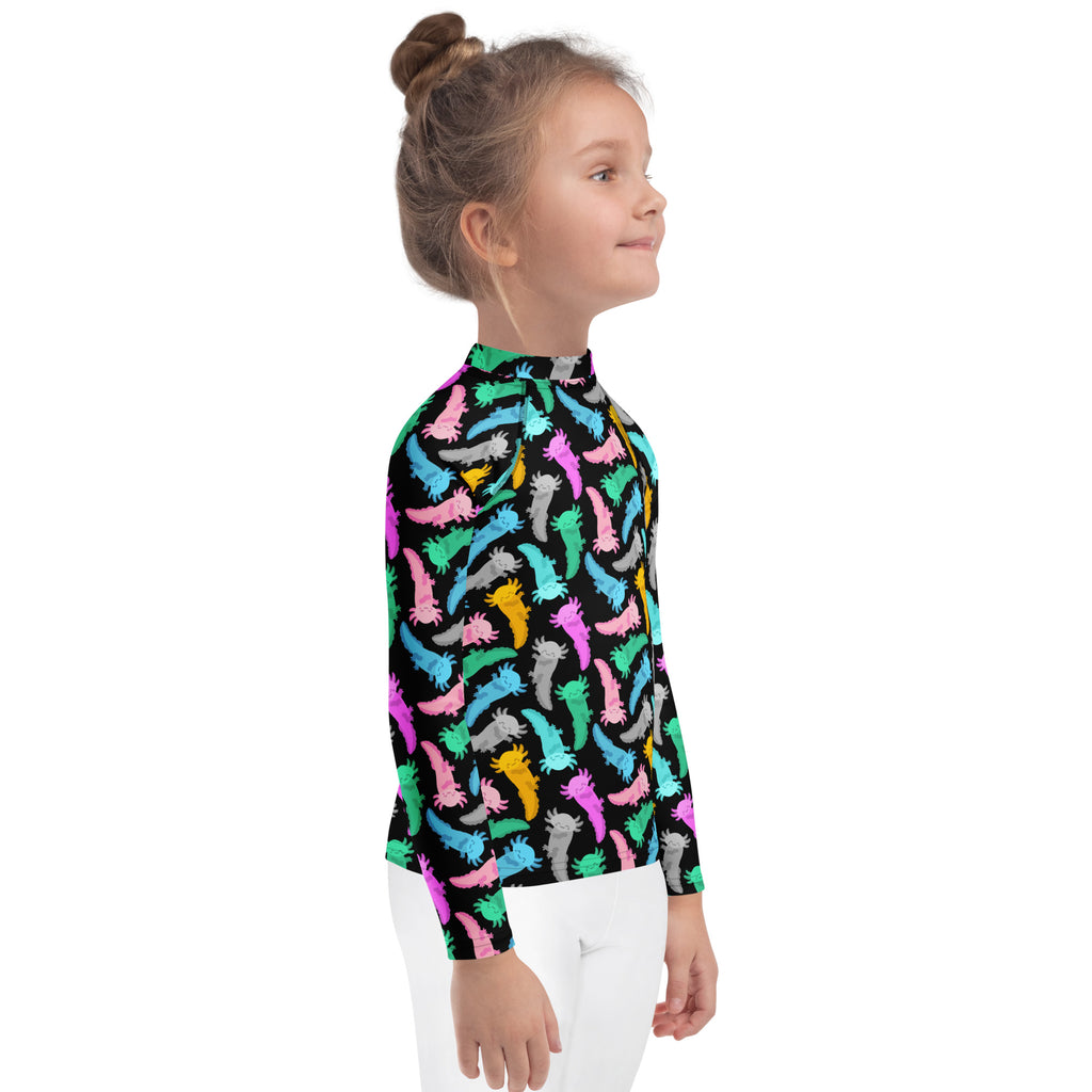 Kids Colorful Axolotl Long Sleeve Rash Guard Swim Shirt – Buttery Soft, Sun Safe UPF 50+ Protection, Quick Dry & 4-Way Stretch Comfort
