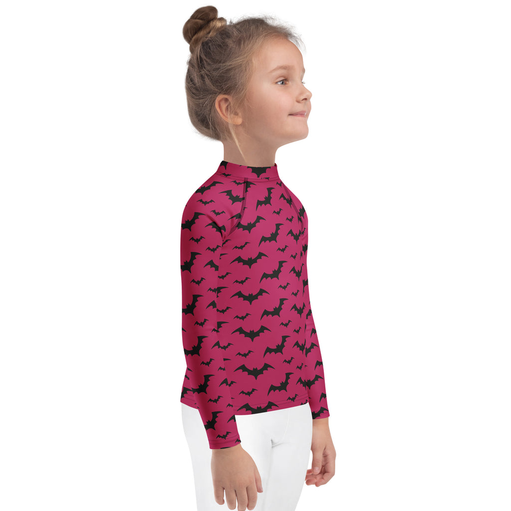 Kids Pink Halloween Bats Long Sleeve Rash Guard Swim Shirt – Buttery Soft, Sun Safe UPF 50+ Protection, Quick Dry & 4-Way Stretch Comfort