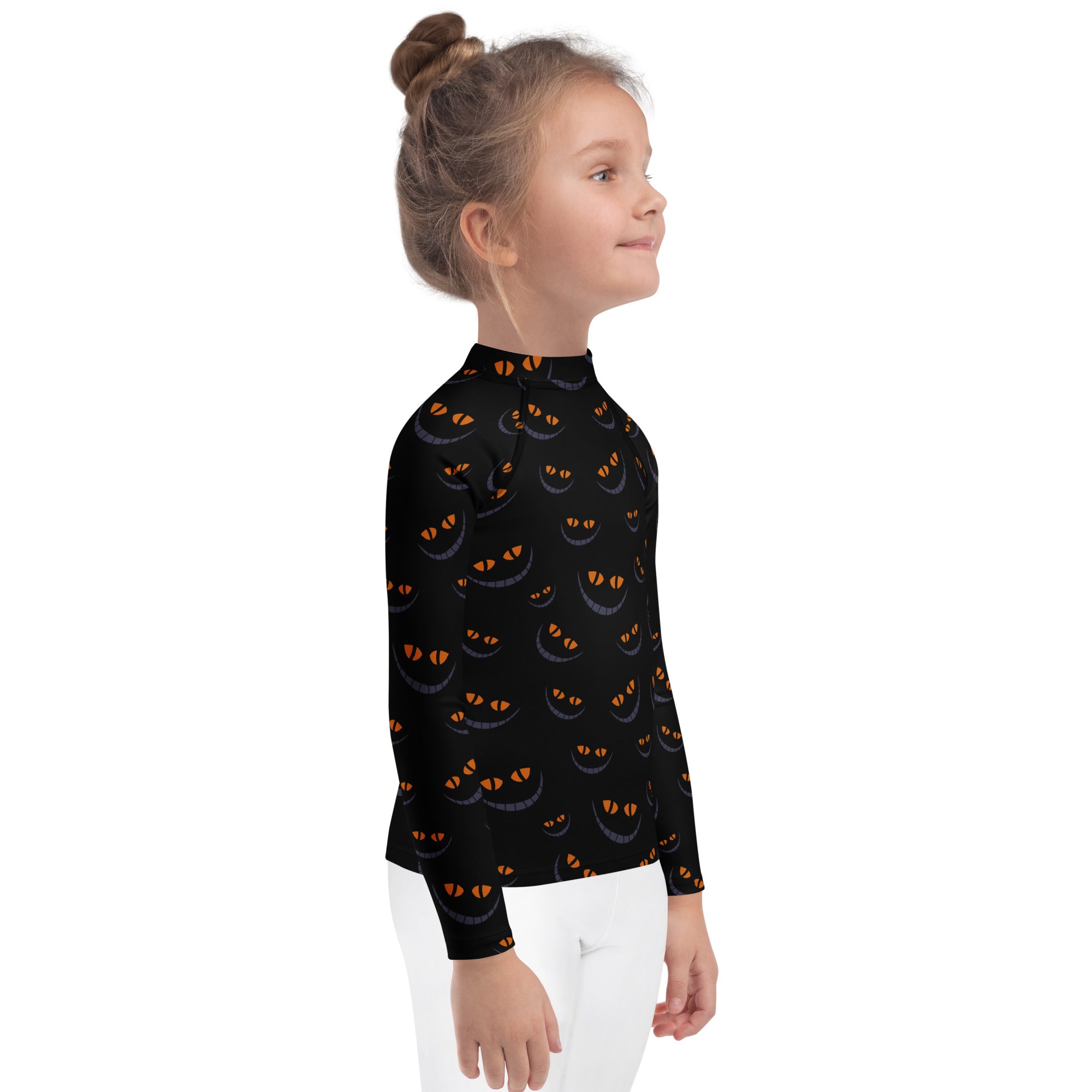 Girls Creepy Cat Smile Halloween Long Sleeve Rash Guard Swim Shirt – Buttery Soft, Sun Safe UPF 50+ Protection, Quick Dry & 4-Way Stretch Comfort
