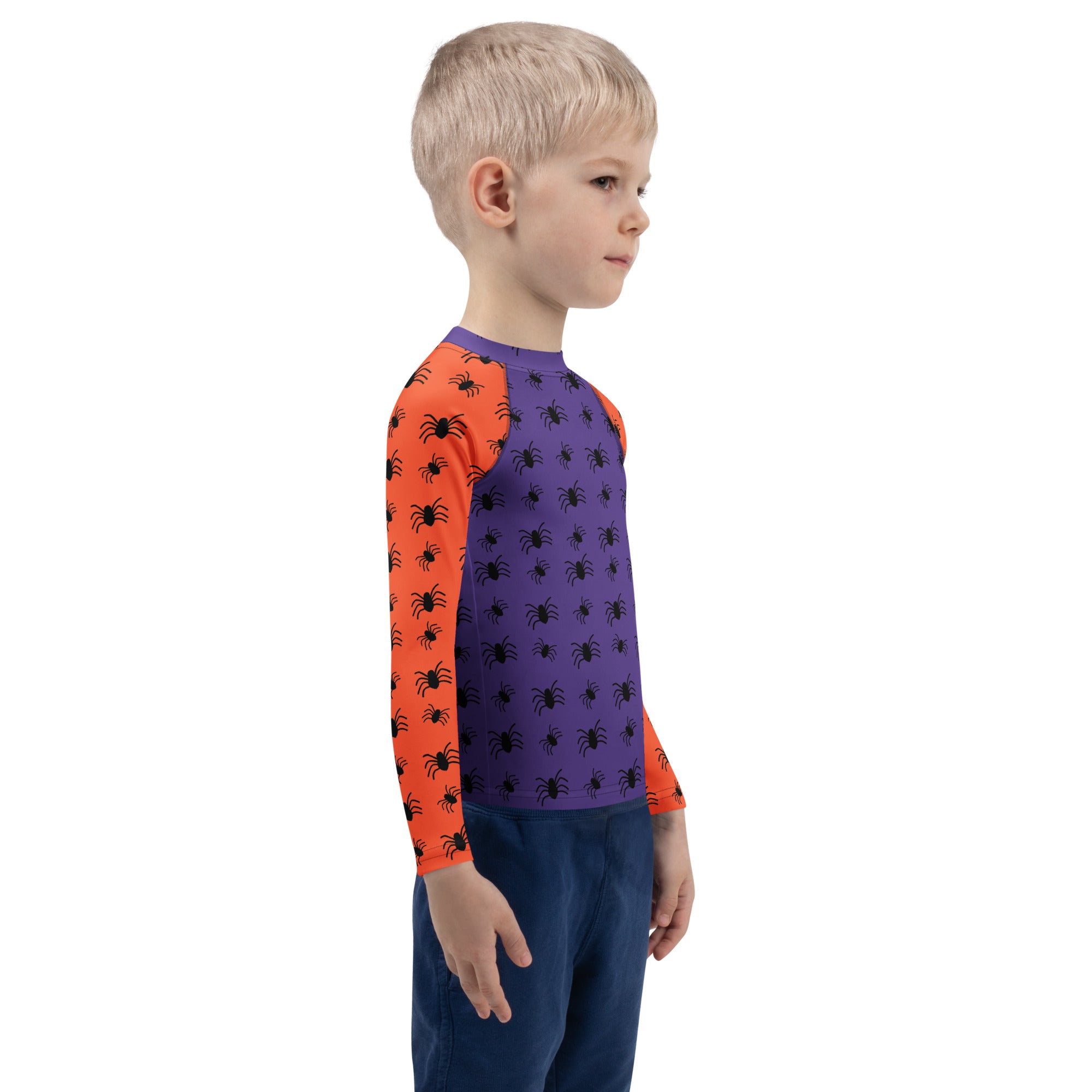 Kids Halloween Spiders Long Sleeve Rash Guard Swim Shirt – Buttery Soft, Sun Safe UPF 50+ Protection, Quick Dry & 4-Way Stretch Comfort