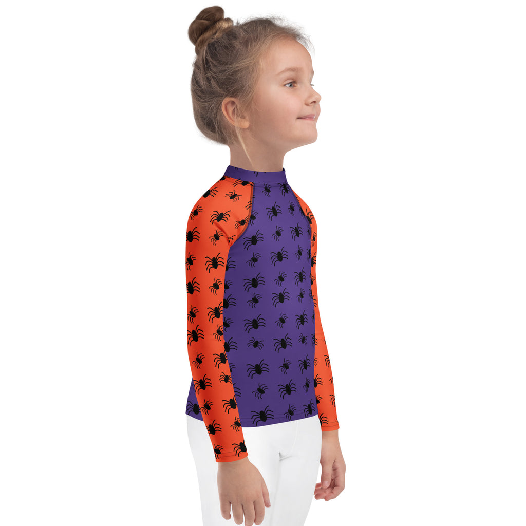 Kids Halloween Spiders Long Sleeve Rash Guard Swim Shirt – Buttery Soft, Sun Safe UPF 50+ Protection, Quick Dry & 4-Way Stretch Comfort