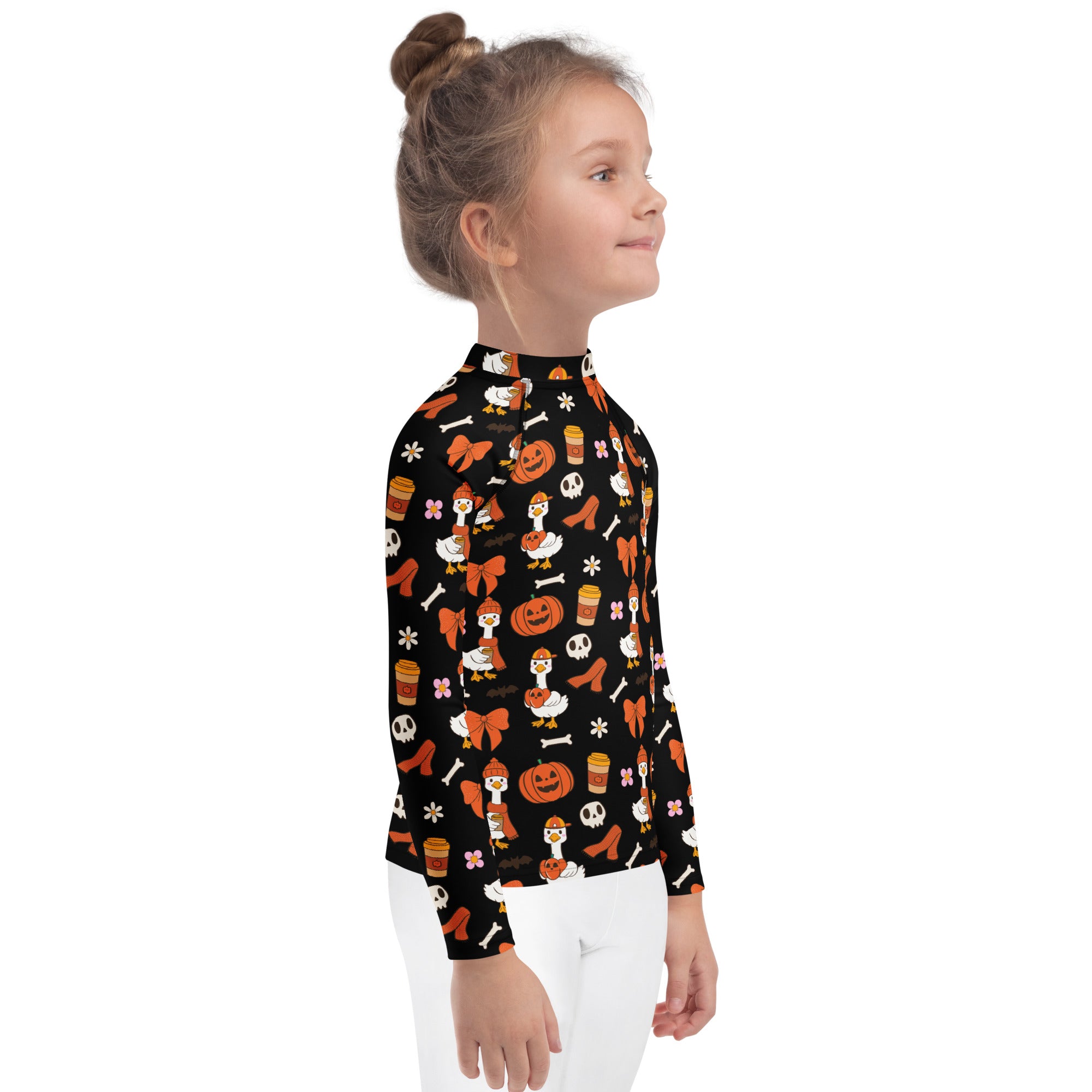 Girls Cute Halloween Goose Long Sleeve Rash Guard Swim Shirt – Buttery Soft, Sun Safe UPF 50+ Protection, Quick Dry & 4-Way Stretch Comfort