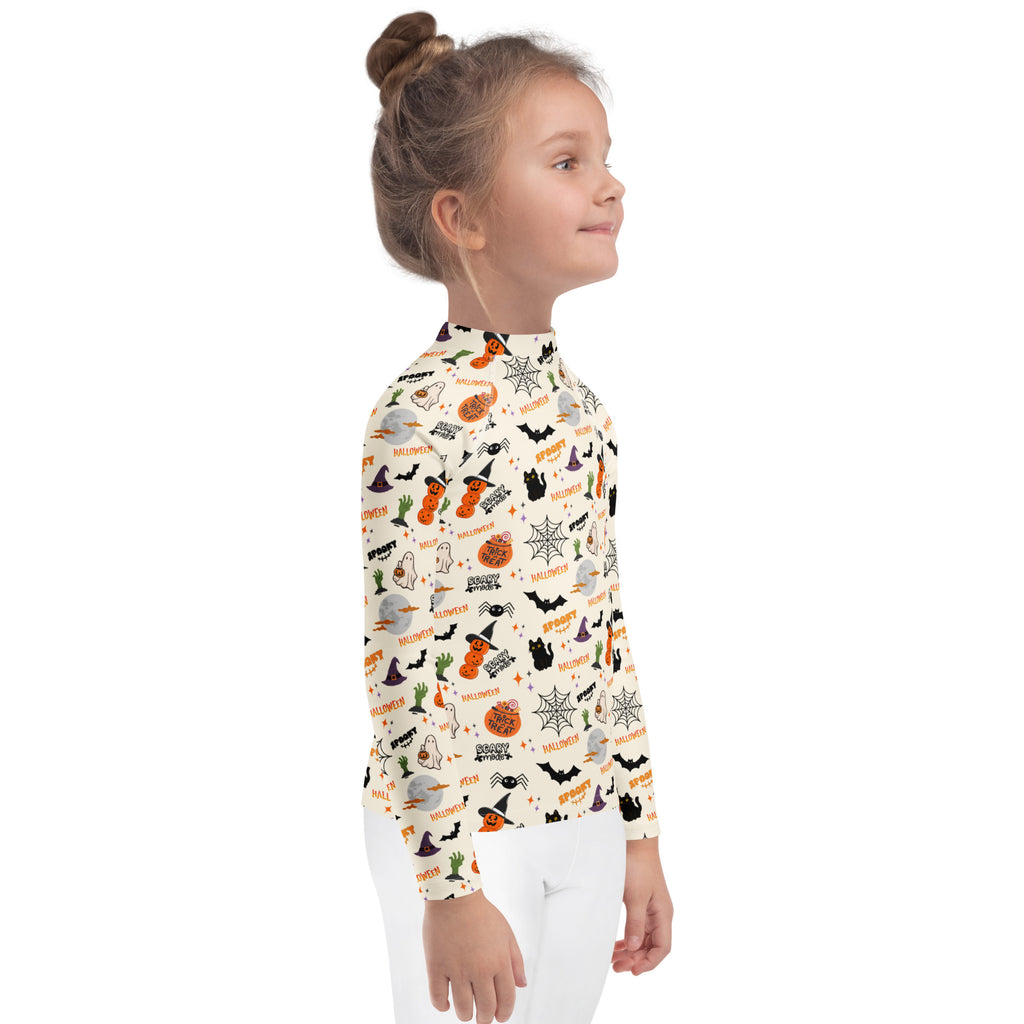Kids Halloween Icons Long Sleeve Rash Guard Swim Shirt – Buttery Soft, Sun Safe UPF 50+ Protection, Quick Dry & 4-Way Stretch Comfort