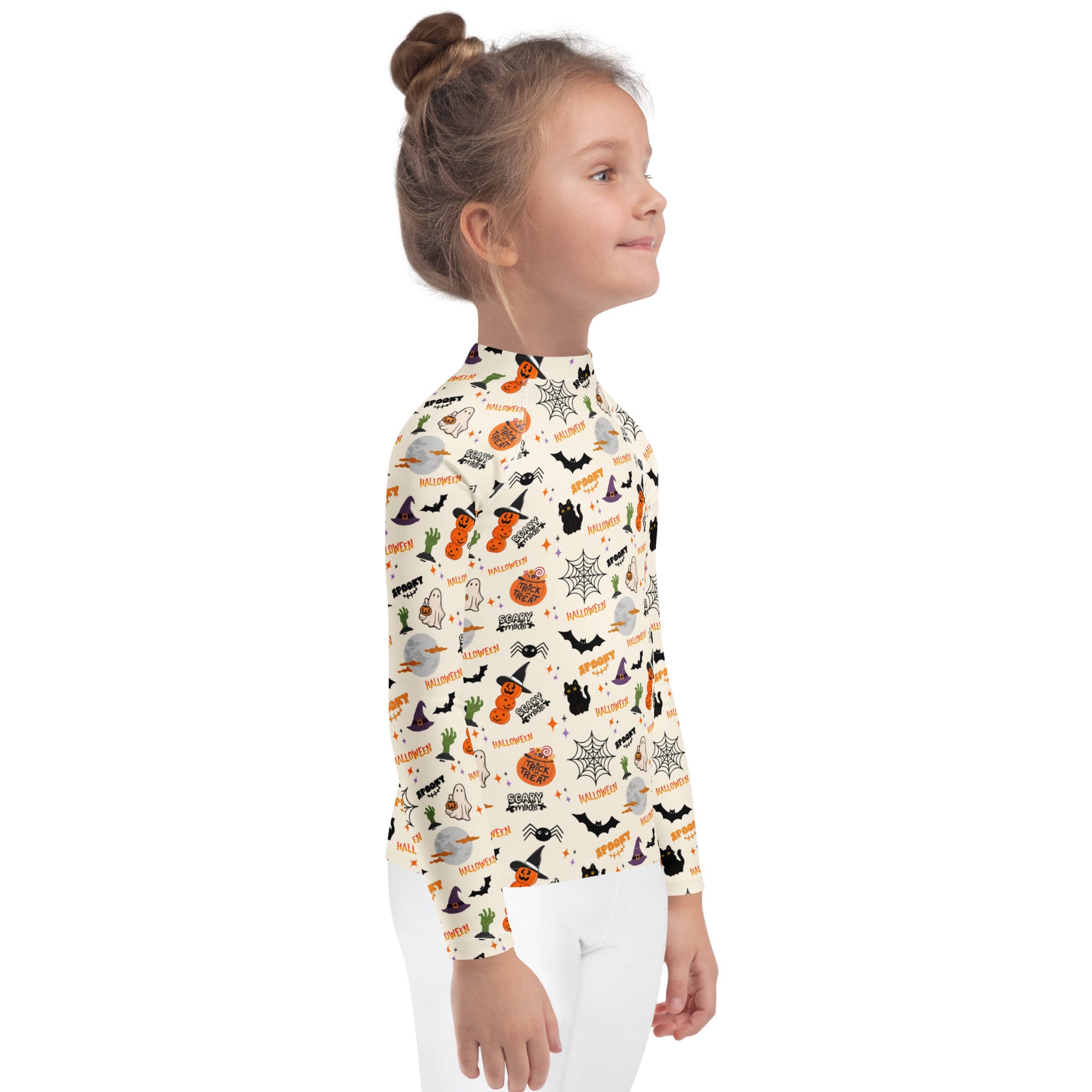 Kids Halloween Icons Long Sleeve Rash Guard Swim Shirt – Buttery Soft, Sun Safe UPF 50+ Protection, Quick Dry & 4-Way Stretch Comfort