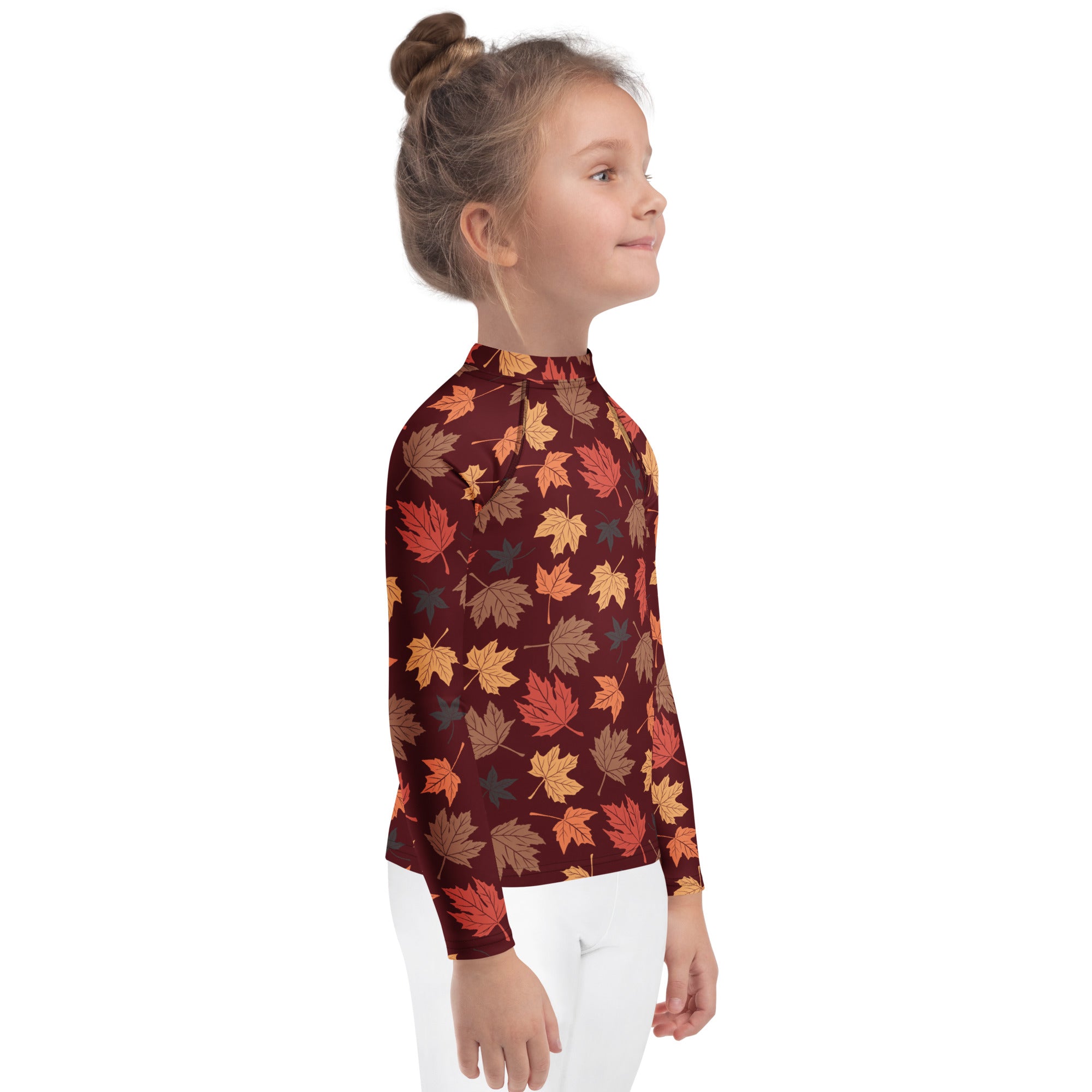 Kids Autumn Maple Leaves Long Sleeve Rash Guard Swim Shirt – Buttery Soft, Sun Safe UPF 50+ Protection, Quick Dry & 4-Way Stretch Comfort