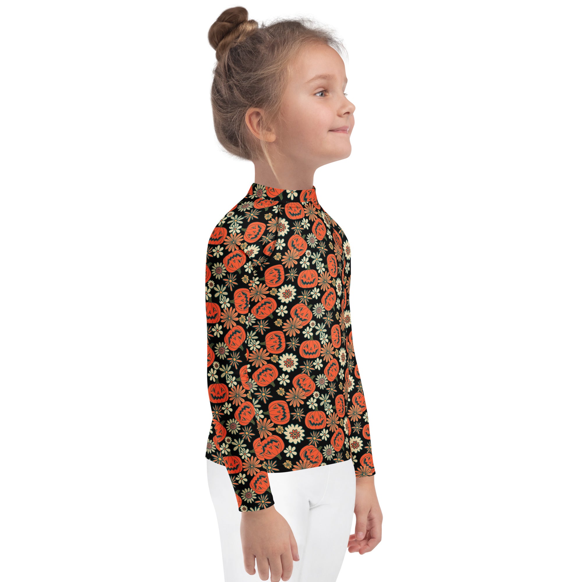 Kids Vintage Halloween Pumpkin Floral Long Sleeve Rash Guard Swim Shirt – Buttery Soft, Sun Safe UPF 50+ Protection, Quick Dry & 4-Way Stretch Comfort