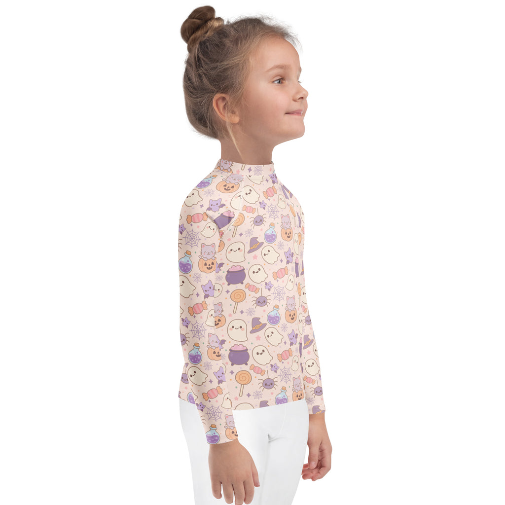Girls Pastel Halloween Long Sleeve Rash Guard Swim Shirt – Buttery Soft, Sun Safe UPF 50+ Protection, Quick Dry & 4-Way Stretch Comfort