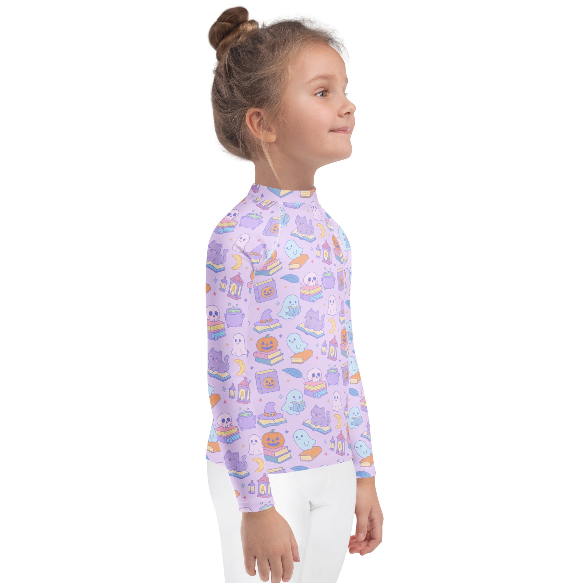 Girls Kawaii Halloween Book Lover Long Sleeve Rash Guard Swim Shirt – Buttery Soft, Sun Safe UPF 50+ Protection, Quick Dry & 4-Way Stretch Comfort