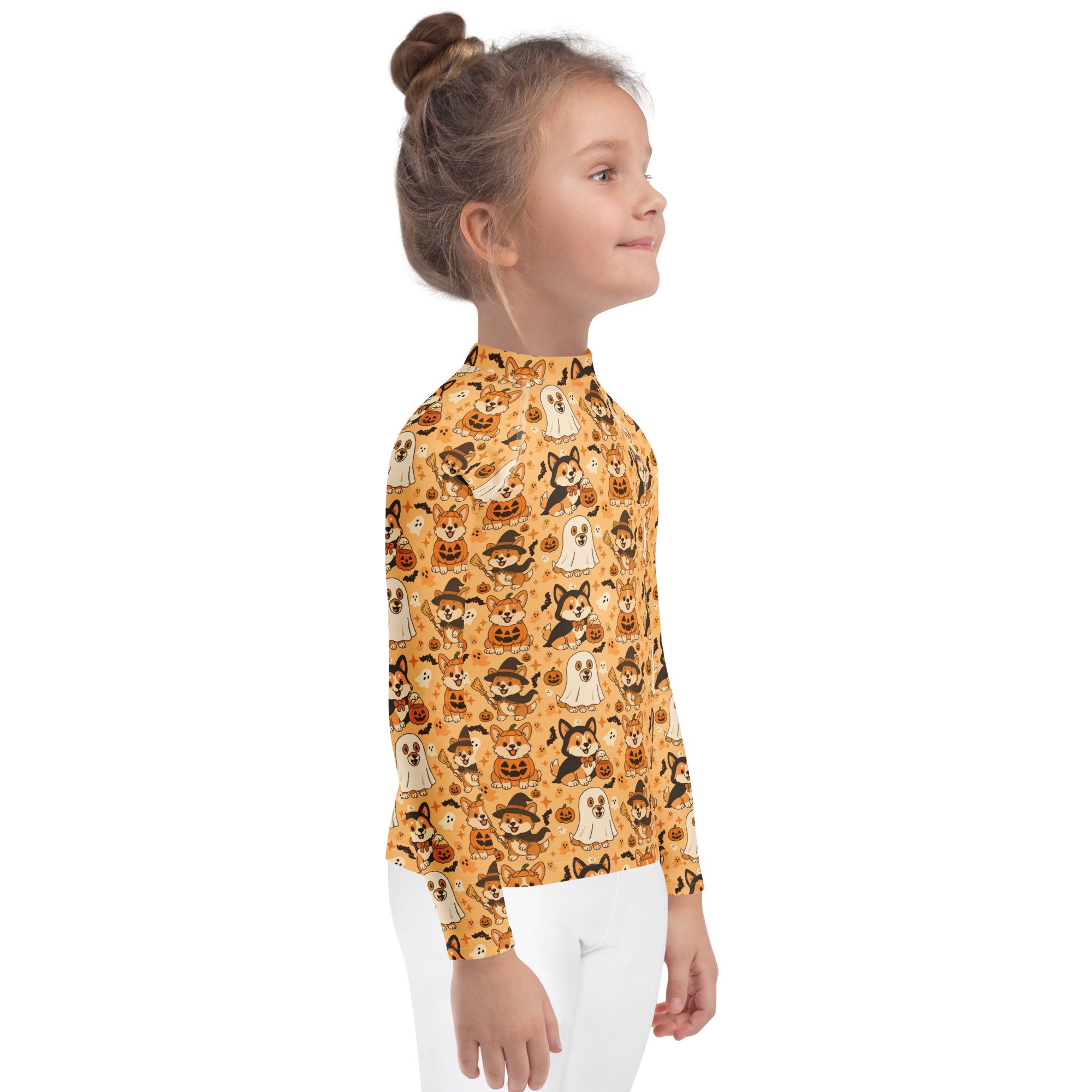 Kids Halloween Corgis Long Sleeve Rash Guard Swim Shirt – Buttery Soft, Sun Safe UPF 50+ Protection, Quick Dry & 4-Way Stretch Comfort