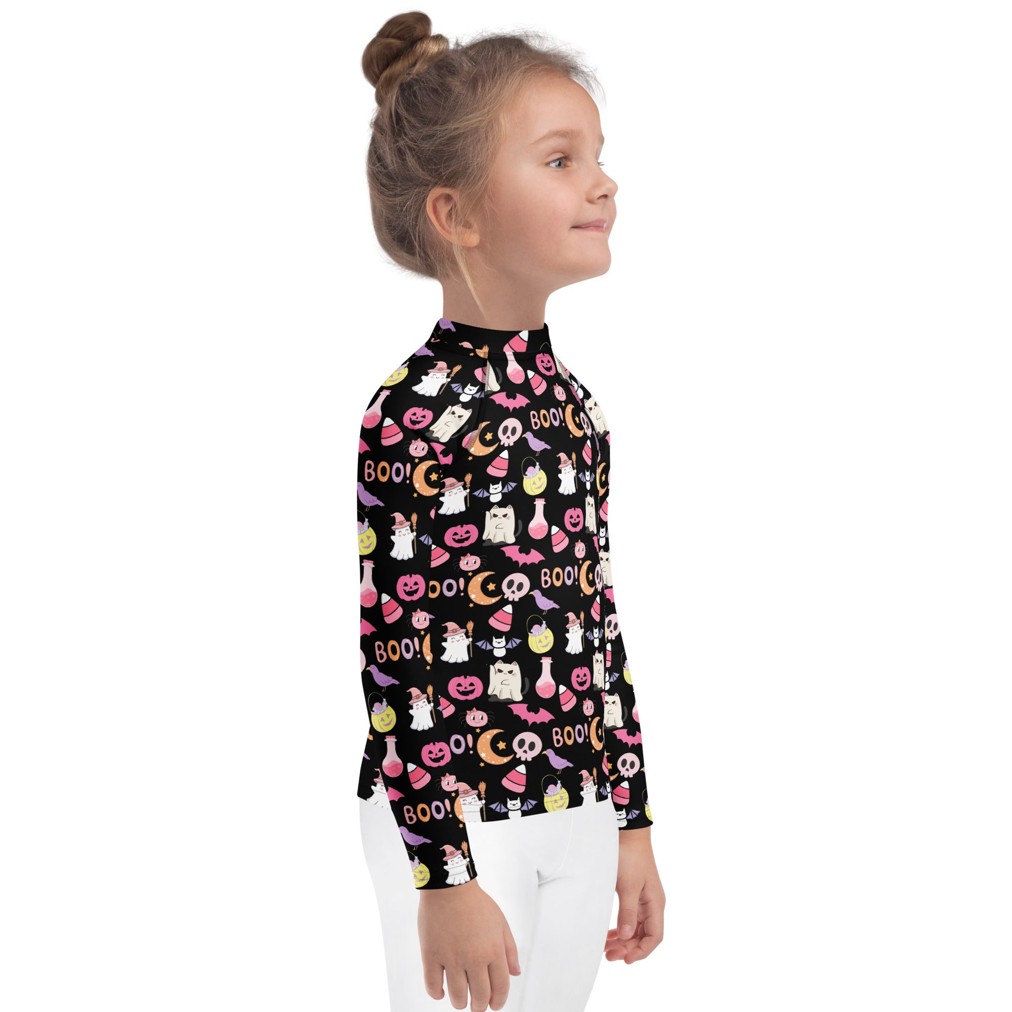 Girls Cute Pink Halloween Long Sleeve Rash Guard Swim Shirt – Buttery Soft, Sun Safe UPF 50+ Protection, Quick Dry & 4-Way Stretch Comfort