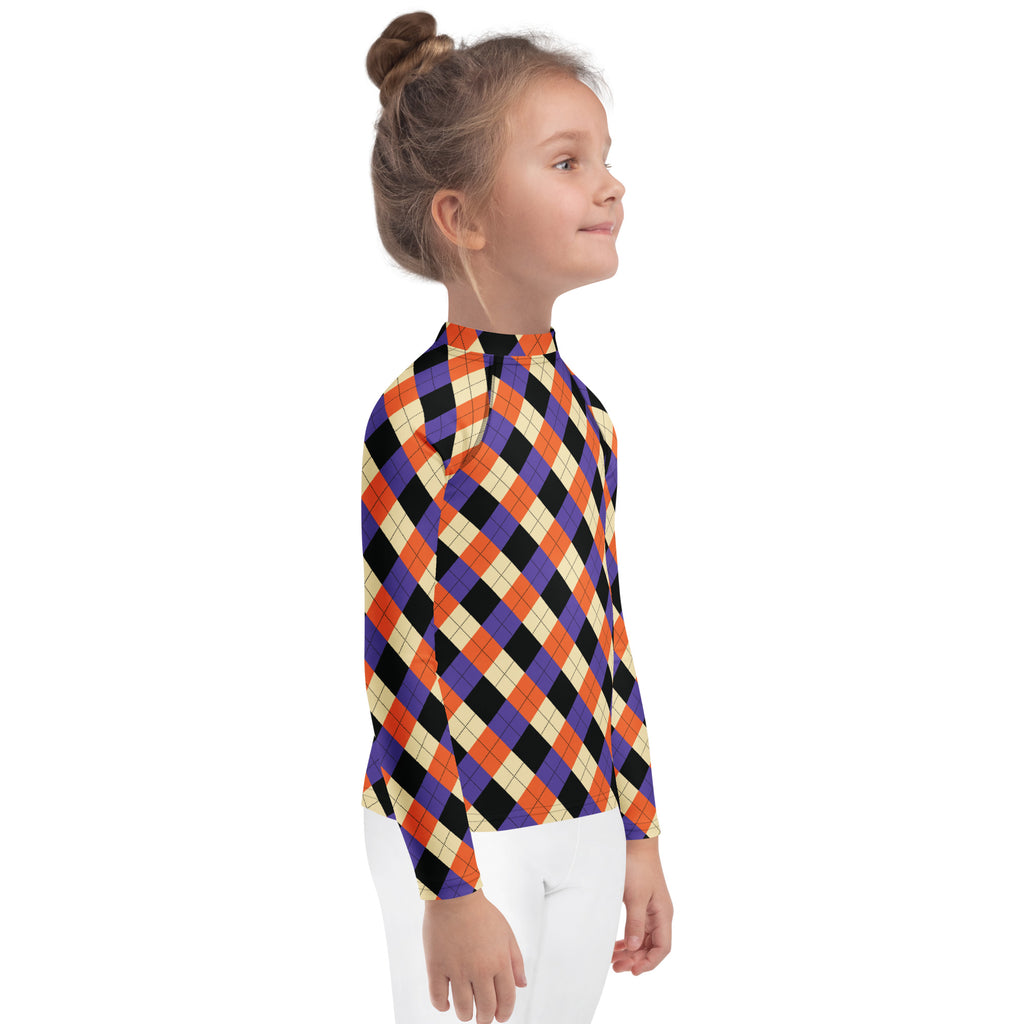 Kids Halloween Argyle Long Sleeve Rash Guard Swim Shirt – Buttery Soft, Sun Safe UPF 50+ Protection, Quick Dry & 4-Way Stretch Comfort