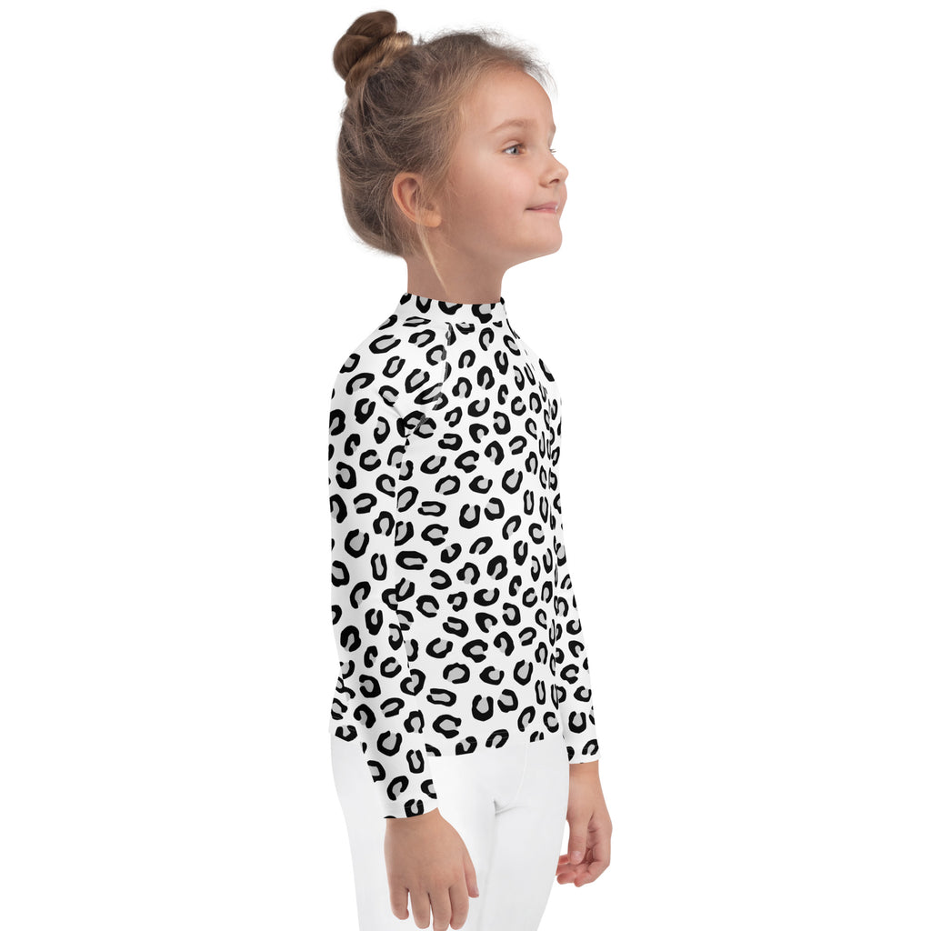 Kids Black & White Leopard Long Sleeve Rash Guard Swim Shirt – Buttery Soft, Sun Safe UPF 50+ Protection, Quick Dry & 4-Way Stretch Comfort