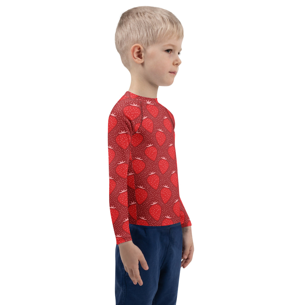 Kids Red Strawberry Long Sleeve Rash Guard Swim Shirt – Buttery Soft, Sun Safe UPF 50+ Protection, Quick Dry & 4-Way Stretch Comfort