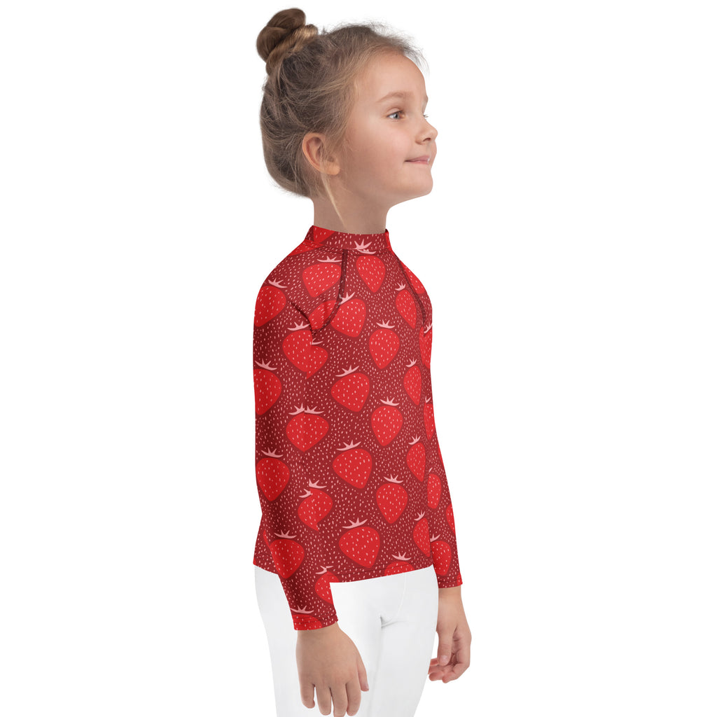 Kids Red Strawberry Long Sleeve Rash Guard Swim Shirt – Buttery Soft, Sun Safe UPF 50+ Protection, Quick Dry & 4-Way Stretch Comfort