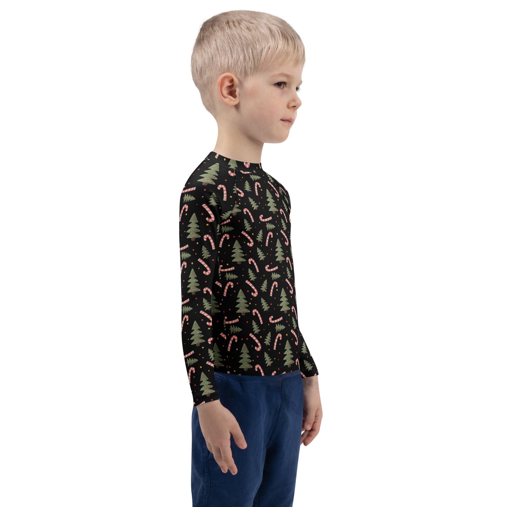 Kids Christmas Tree Candy Cane Long Sleeve Rash Guard Swim Shirt – Buttery Soft, Sun Safe UPF 50+ Protection, Quick Dry & 4-Way Stretch Comfort