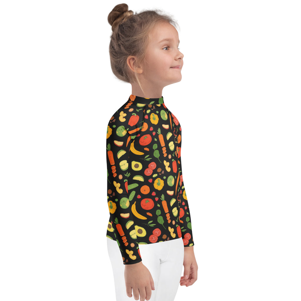 Kids Healthy Fruits & Veggies Long Sleeve Rash Guard Swim Shirt – Buttery Soft, Sun Safe UPF 50+ Protection, Quick Dry & 4-Way Stretch Comfort