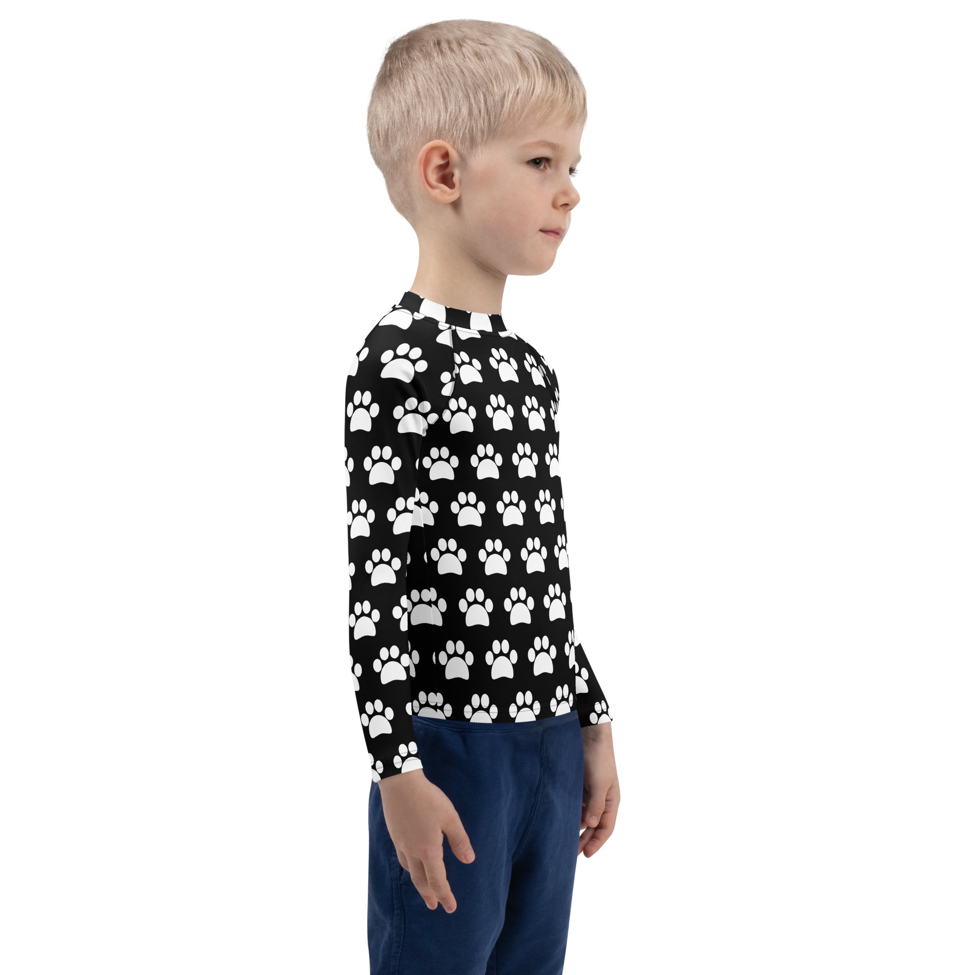Kids Black Paw Print Long Sleeve Rash Guard Swim Shirt – Buttery Soft, Sun Safe UPF 50+ Protection, Quick Dry & 4-Way Stretch Comfort