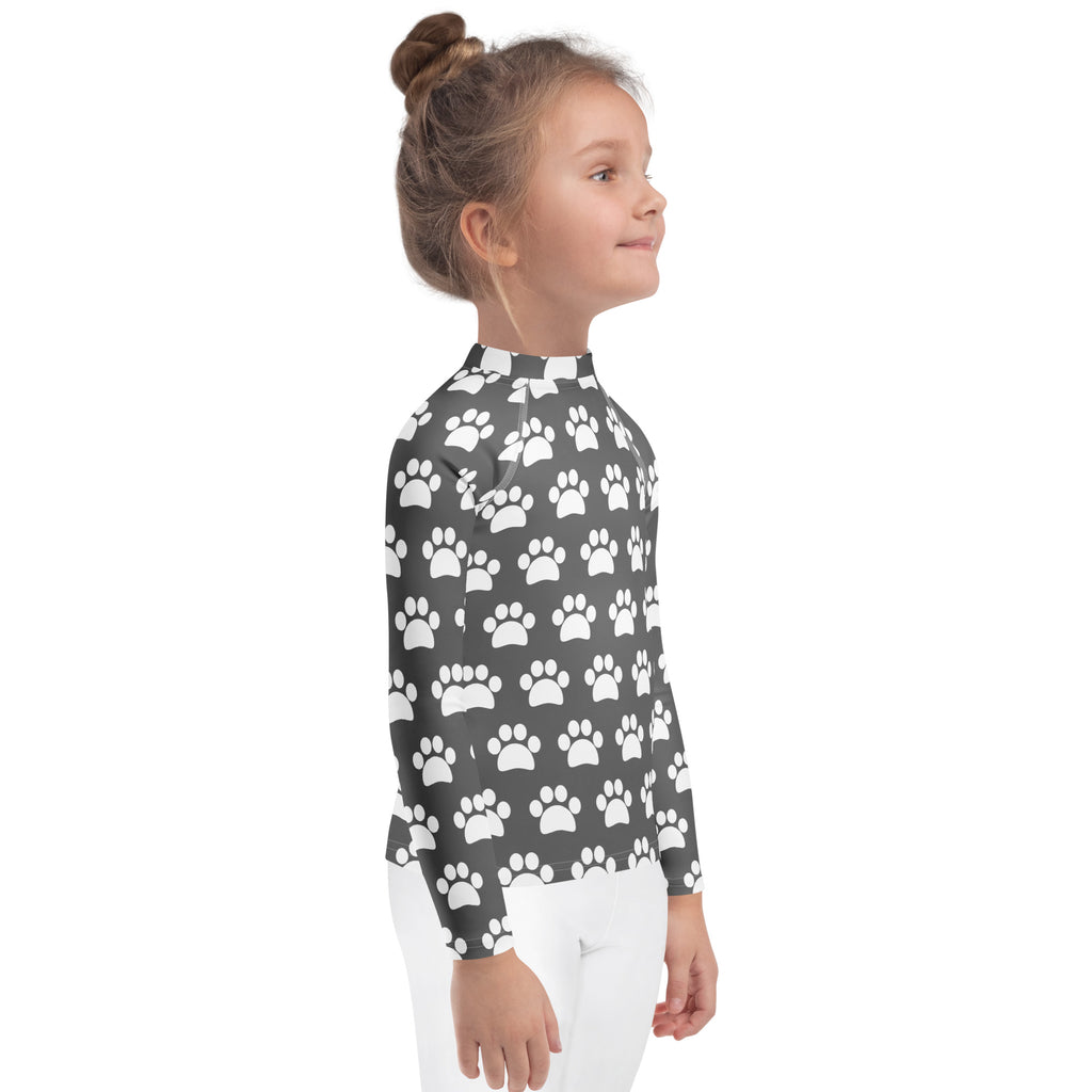 Kids Gray Paw Print Long Sleeve Rash Guard Swim Shirt – Buttery Soft, Sun Safe UPF 50+ Protection, Quick Dry & 4-Way Stretch Comfort