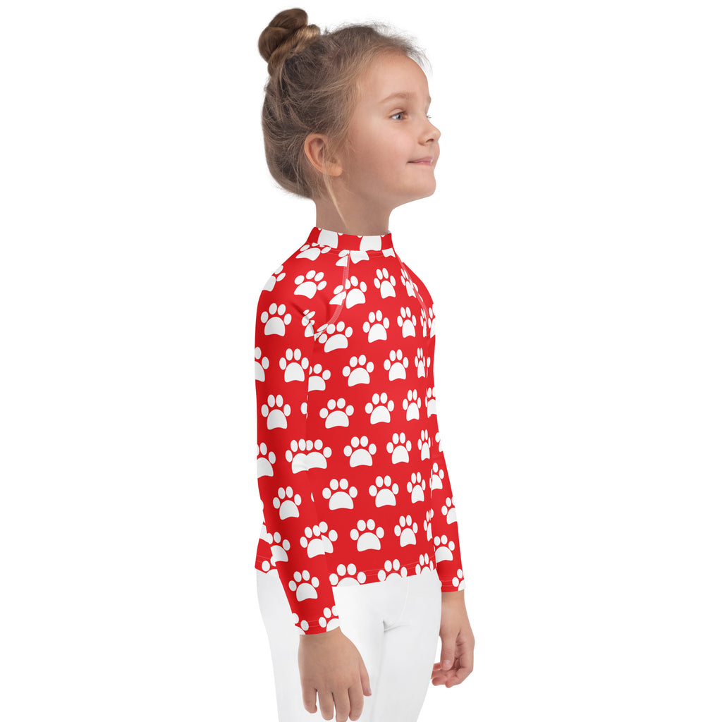 Kids Red Paw Print Long Sleeve Rash Guard Swim Shirt – Buttery Soft, Sun Safe UPF 50+ Protection, Quick Dry & 4-Way Stretch Comfort