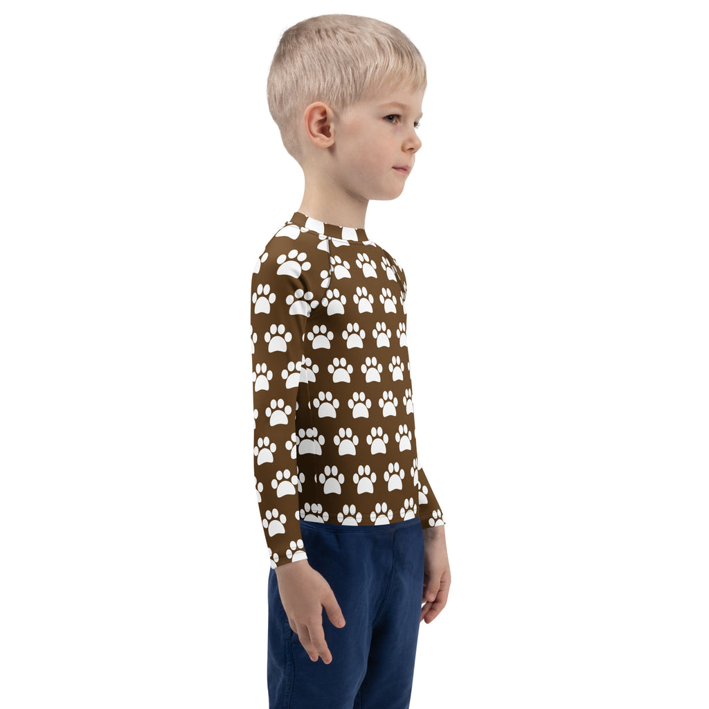 Kids Brown Paw Print Long Sleeve Rash Guard Swim Shirt – Buttery Soft, Sun Safe UPF 50+ Protection, Quick Dry & 4-Way Stretch Comfort