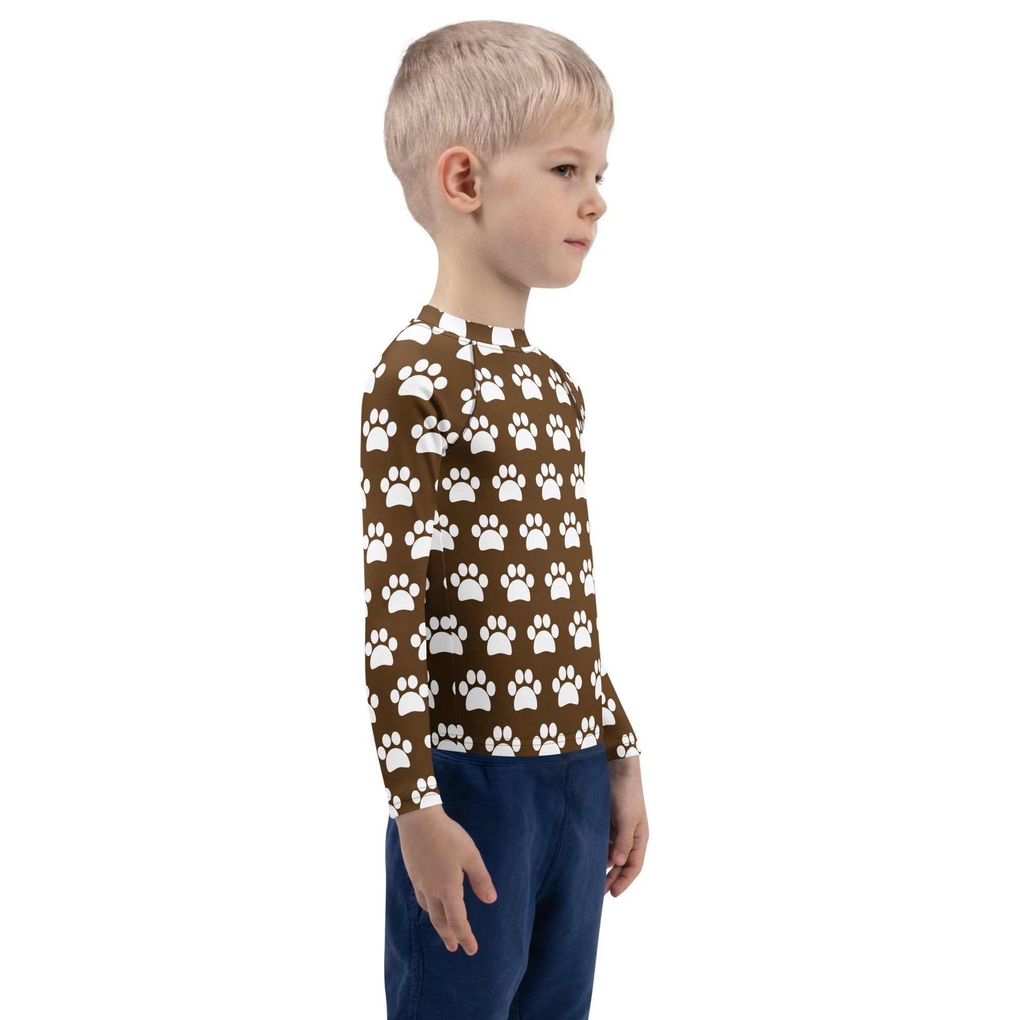Kids Brown Paw Print Long Sleeve Rash Guard Swim Shirt – Buttery Soft, Sun Safe UPF 50+ Protection, Quick Dry & 4-Way Stretch Comfort