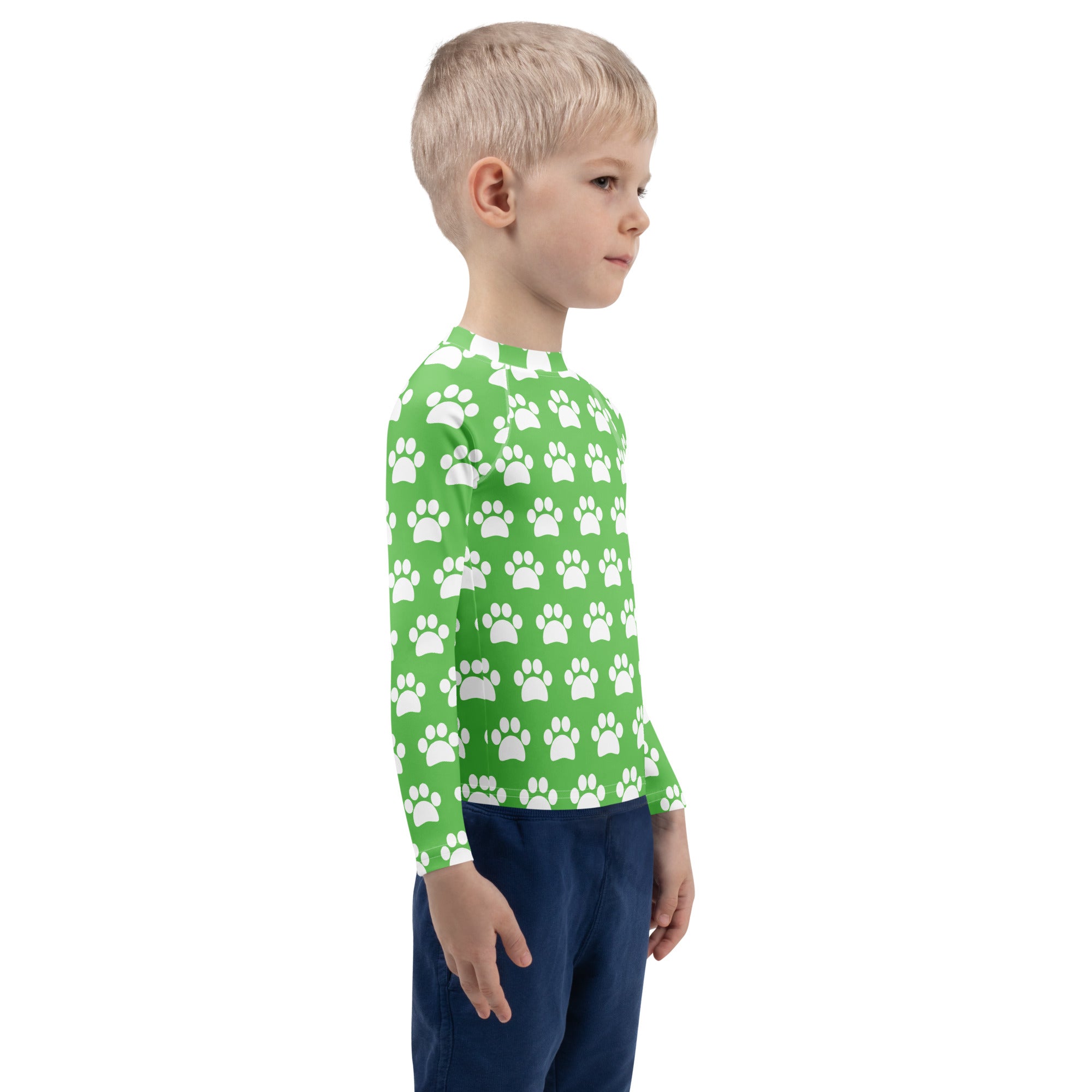 Kids Green Paw Print Long Sleeve Rash Guard Swim Shirt – Buttery Soft, Sun Safe UPF 50+ Protection, Quick Dry & 4-Way Stretch Comfort
